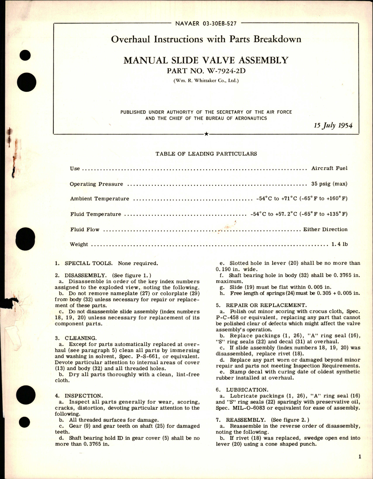 Sample page 1 from AirCorps Library document: Overhaul Instructions with Parts Breakdown for Manual Slide Valve Assembly - Part W-7924-D