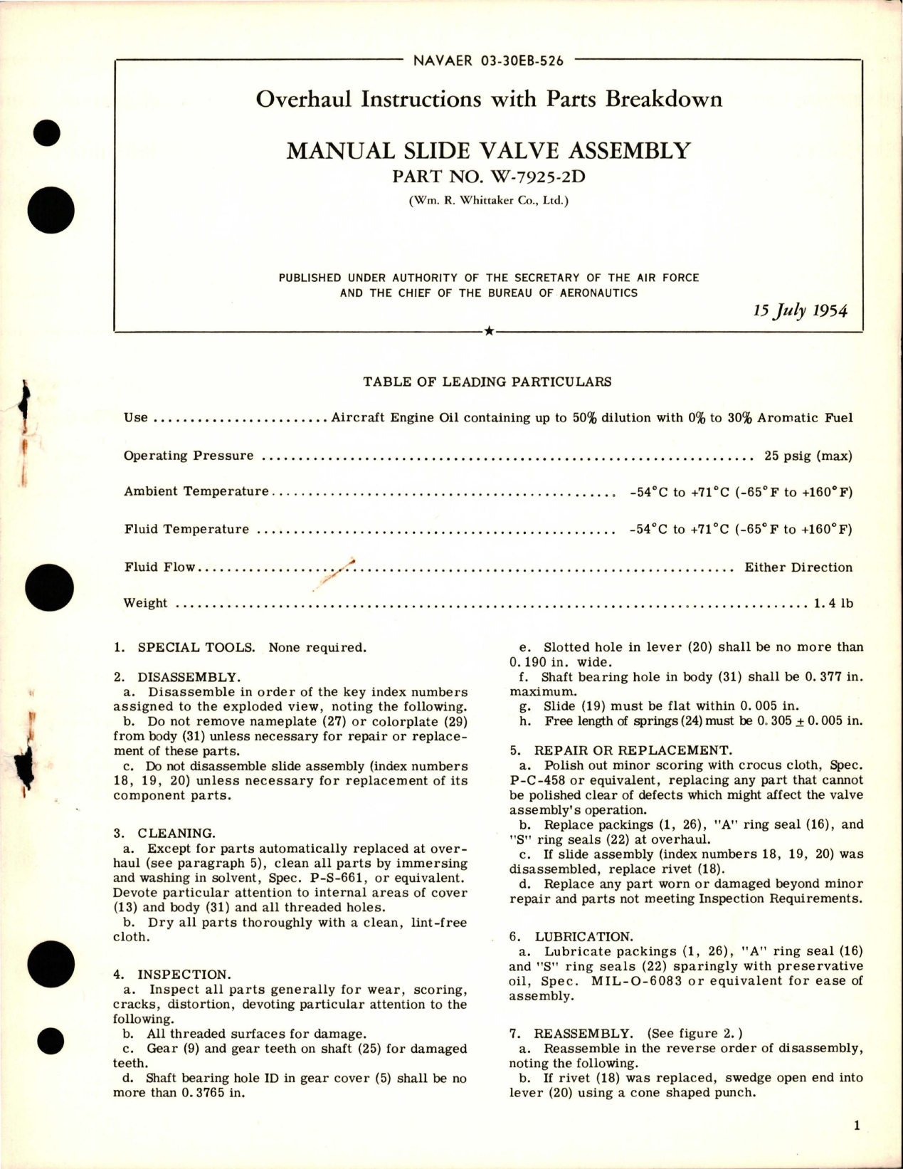 Sample page 1 from AirCorps Library document: Overhaul Instructions with Parts Breakdown for Manual Slide Valve Assembly - Part W-7925-2D