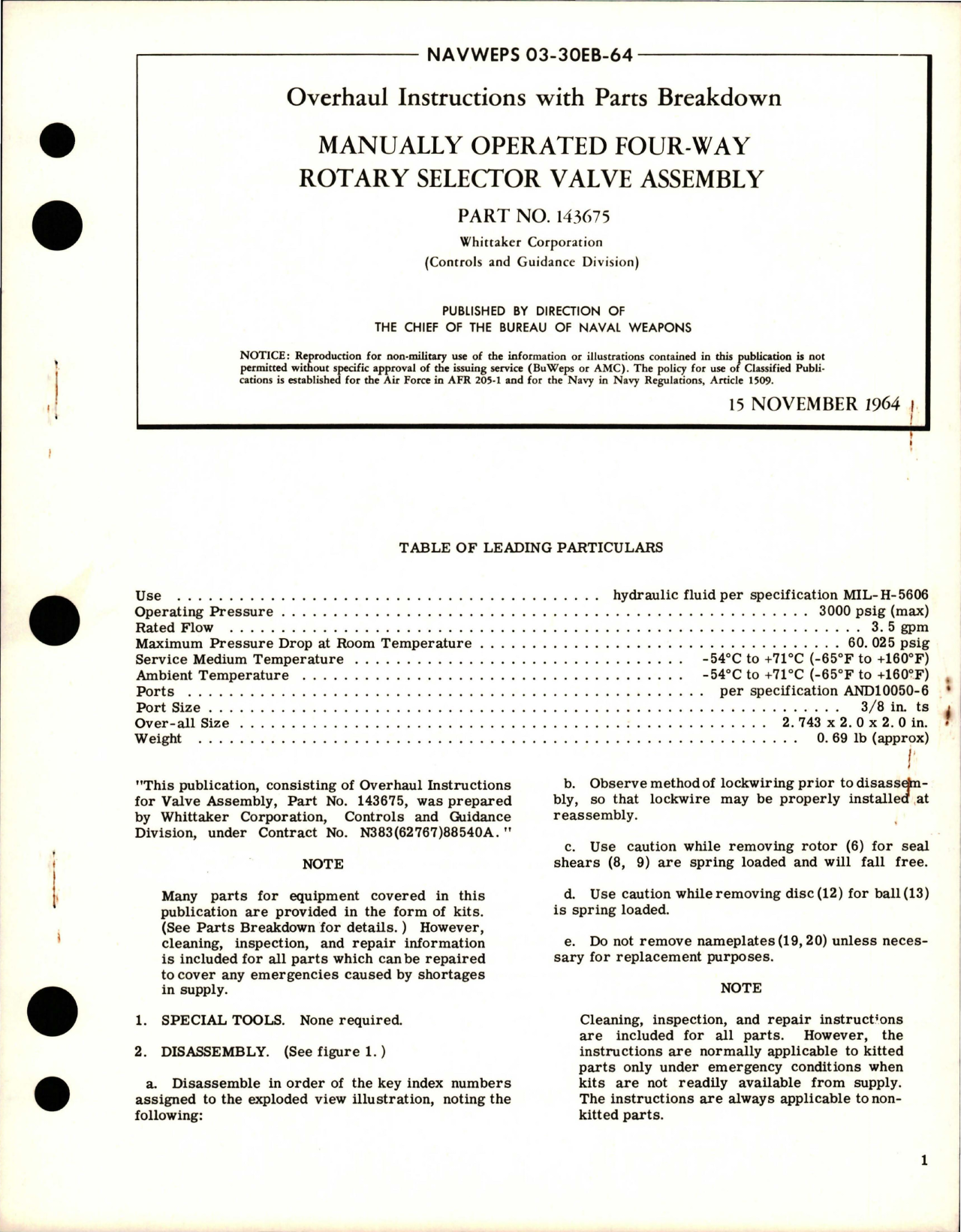 Sample page 1 from AirCorps Library document: Overhaul Instructions with Parts for Manually Operated Four Way Rotary Selector Valve Assembly - Part 143675
