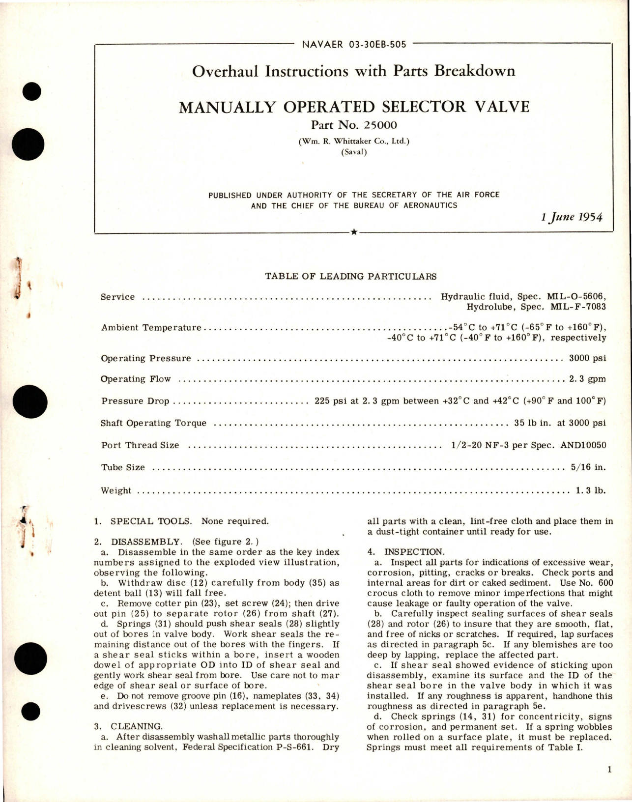 Sample page 1 from AirCorps Library document: Overhaul Instructions with Parts Breakdown for Manually Operated Selector Valve - Part 25000