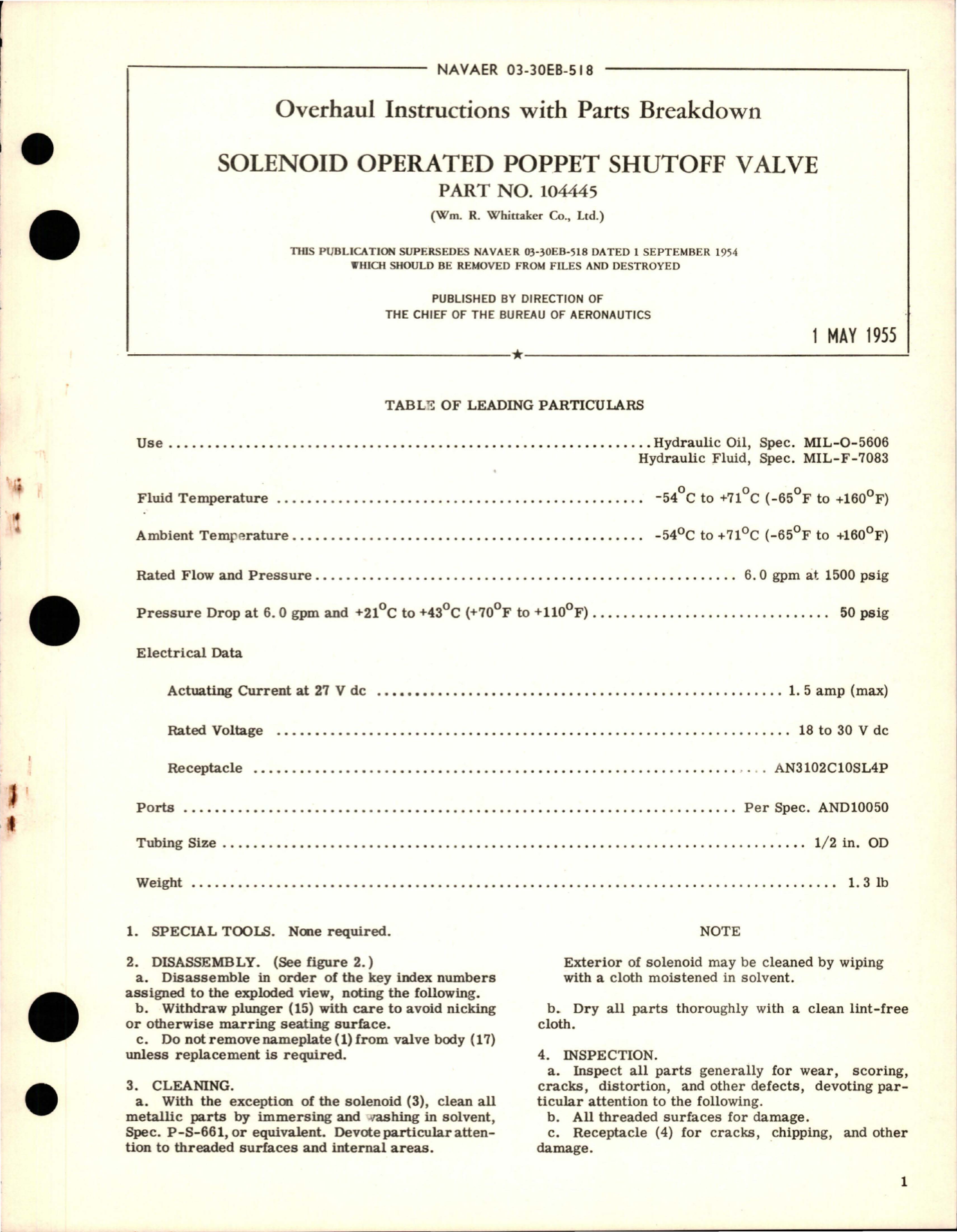 Sample page 1 from AirCorps Library document: Overhaul Instructions with Parts for Solenoid Operated Poppet Shut Off Valve - Part 104445