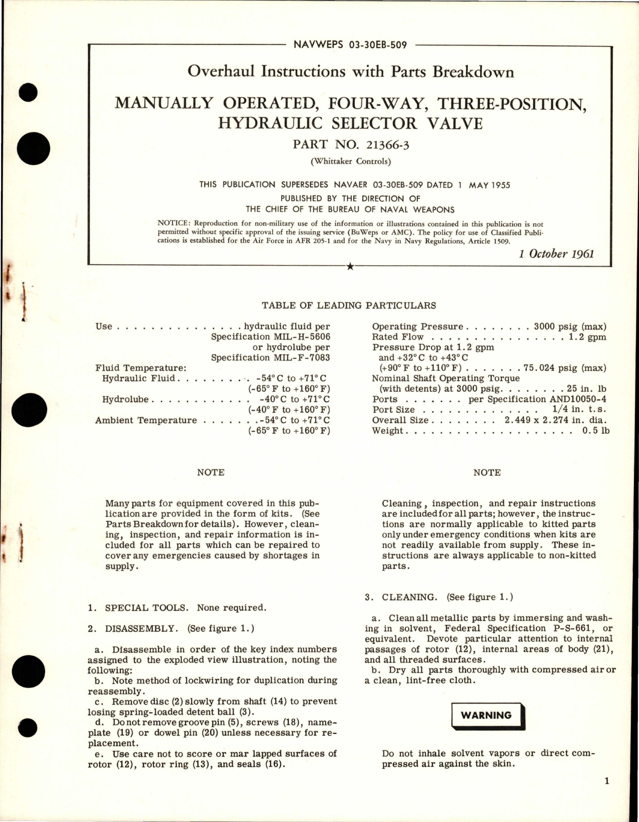 Sample page 1 from AirCorps Library document: Overhaul Instructions with Parts for Manually Operated -  Four-Way - Three Position - Hydraulic Selector Valve - Part 21366-3