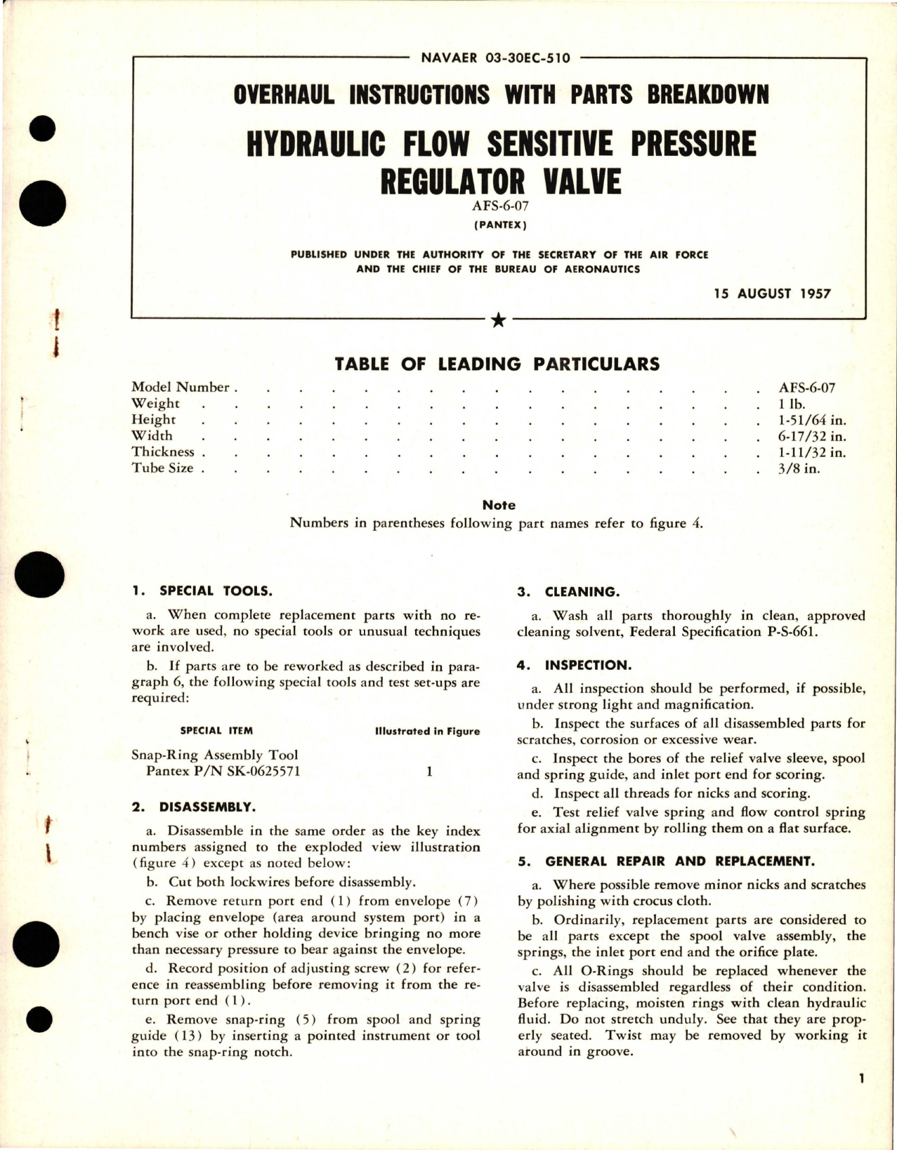 Sample page 1 from AirCorps Library document: Overhaul Instructions with Parts for Hydraulic Flow Sensitive Pressure Regulator Valve - AFS-6-07