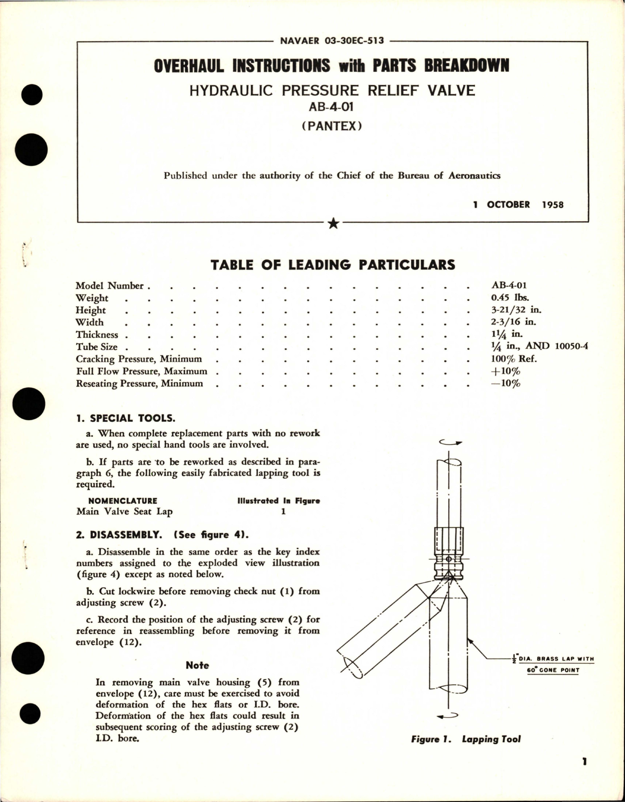 Sample page 1 from AirCorps Library document: Overhaul Instructions with Parts for Hydraulic Pressure Relief Valve - AB-4-01