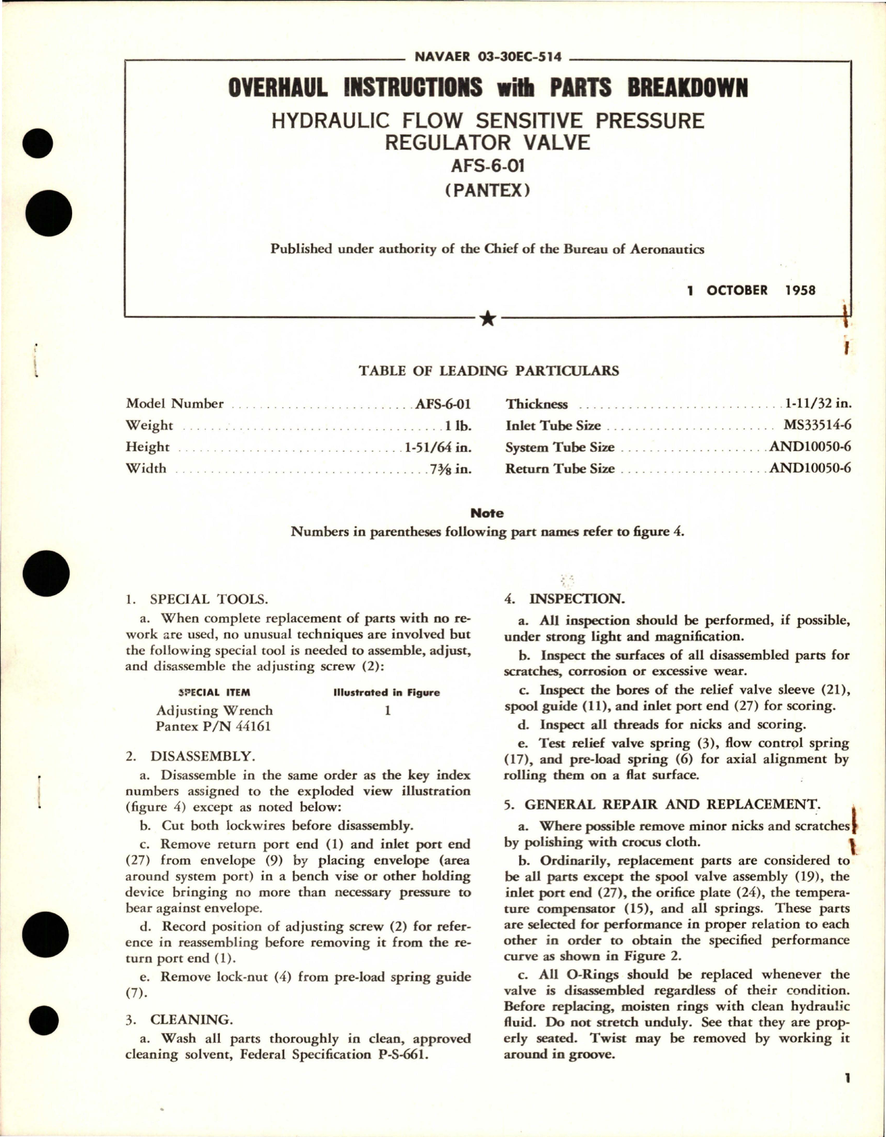 Sample page 1 from AirCorps Library document: Overhaul Instructions with Parts for Hydraulic Flow Sensitive Pressure Regulator Valve - AFS-6-01
