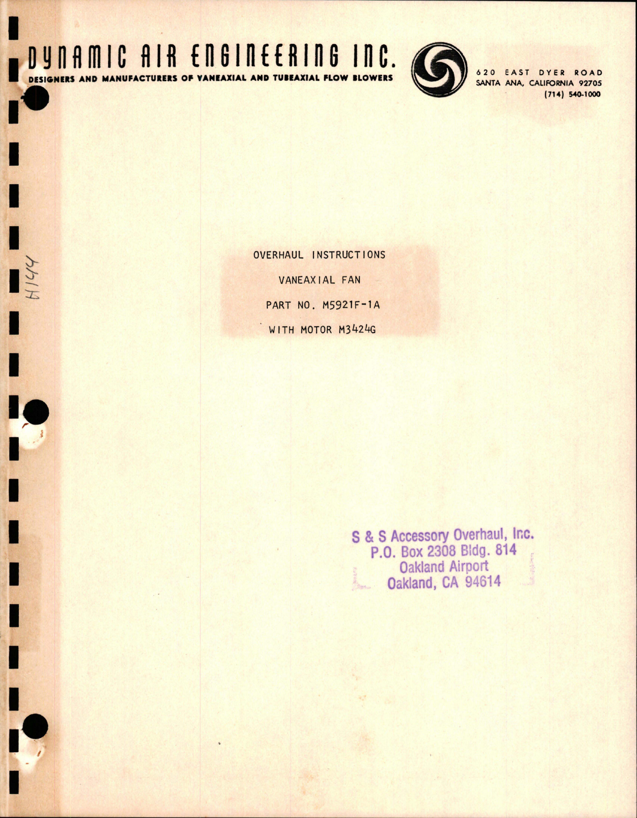 Sample page 1 from AirCorps Library document: Overhaul Instructions for Vaneaxial Fan w Motor M3424G - Part M5921F-1A 