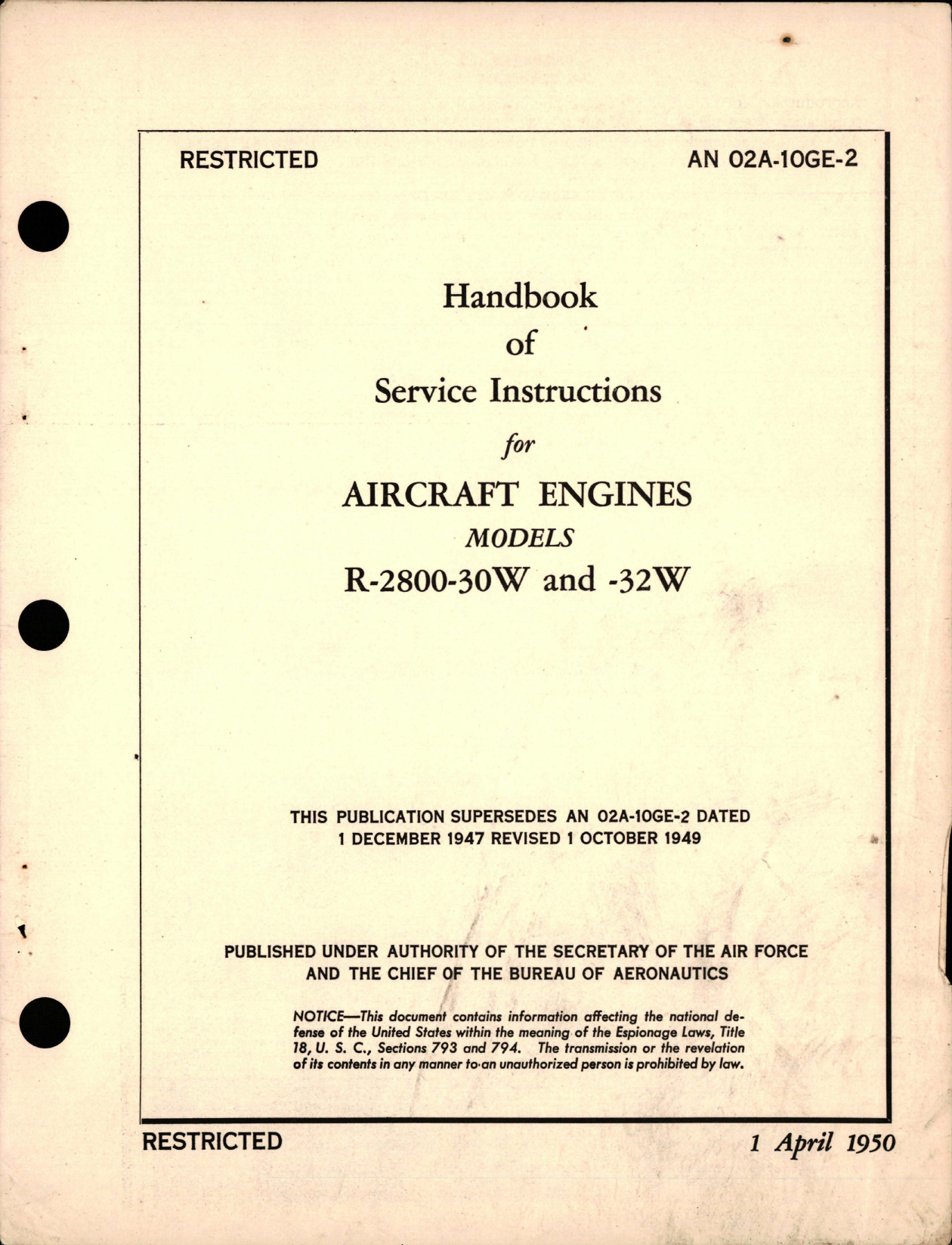 Sample page 1 from AirCorps Library document: Service Instructions for Aircraft Engines - Models R-2800-30W and R-2800-32W