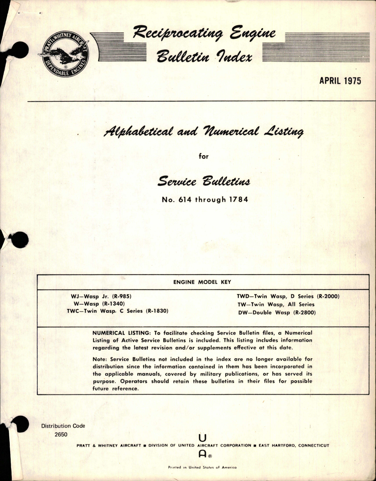 Sample page 1 from AirCorps Library document: Alphabetical and Numerical Listing for Pratt & Whitney Reciprocating Engine