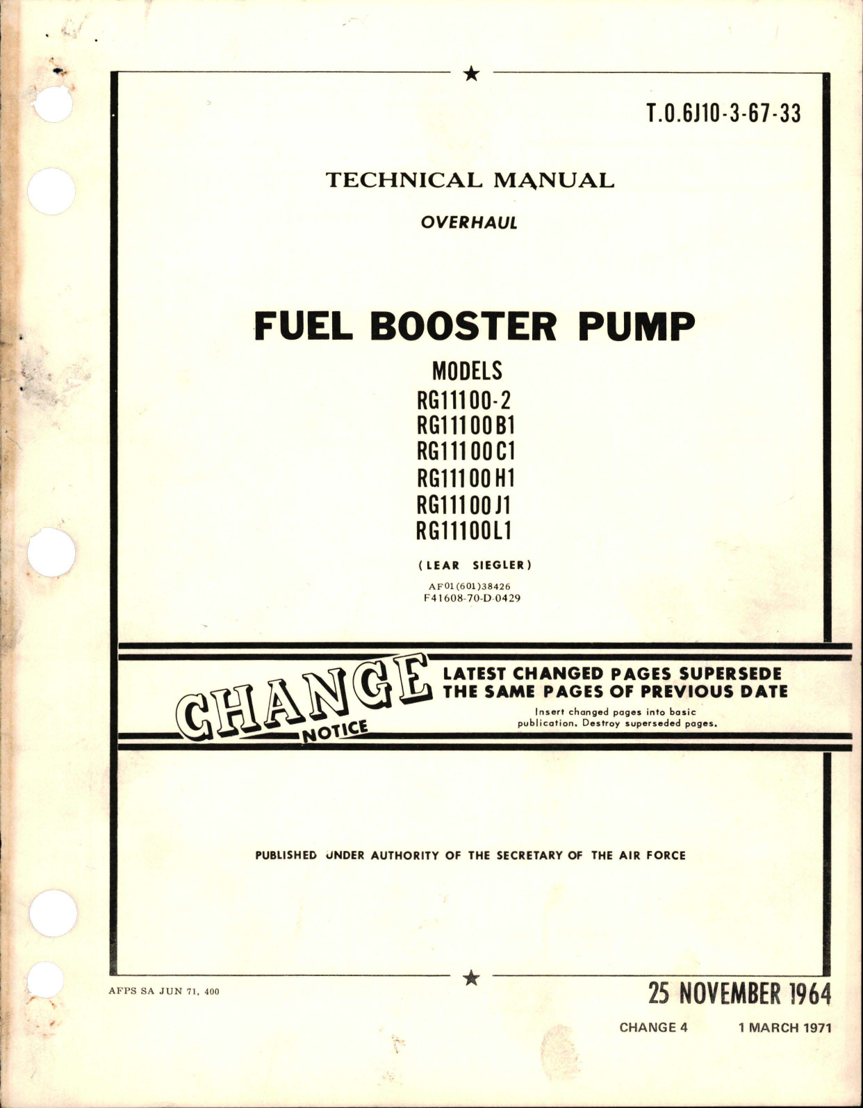 Sample page 1 from AirCorps Library document: Change to Overhaul Manual for Fuel Booster Pump