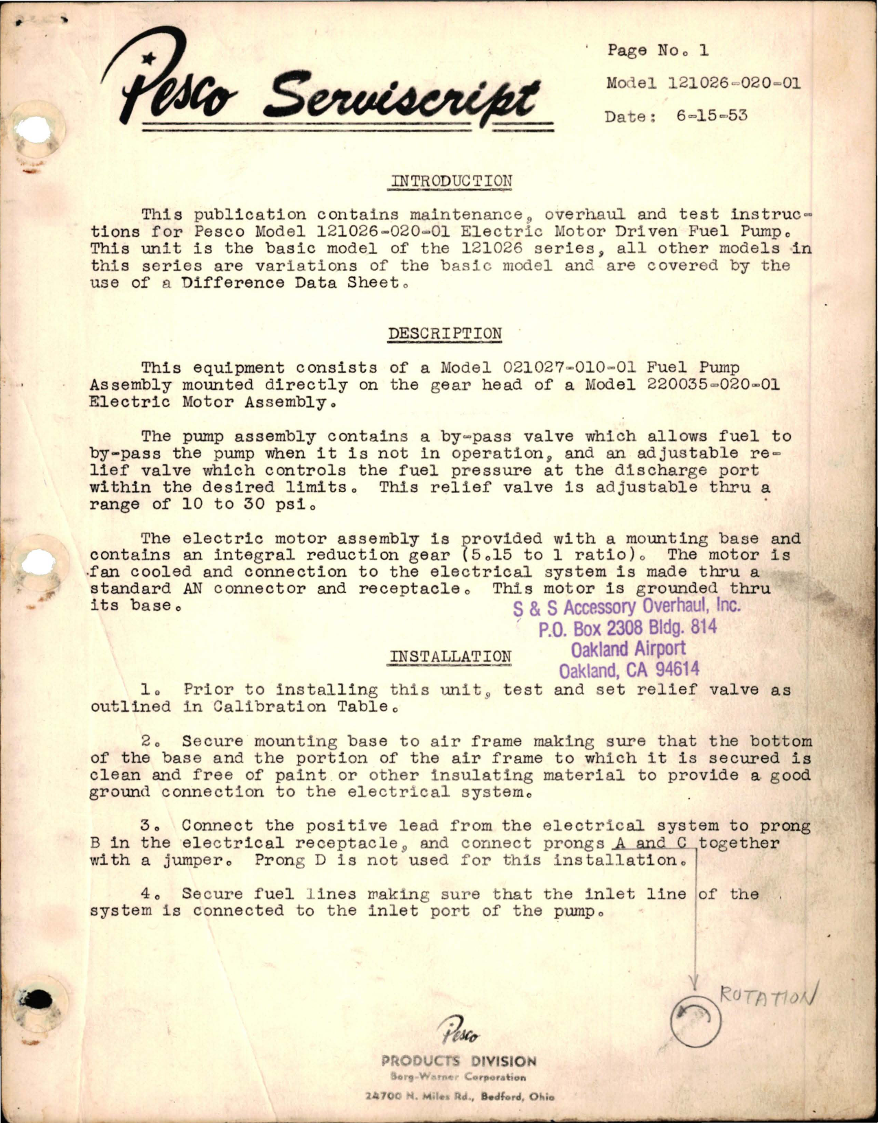 Sample page 1 from AirCorps Library document: Maintenance, Overhaul and Test Instructions for Electric Motor Driven Fuel Pump - Model 121026-020-01