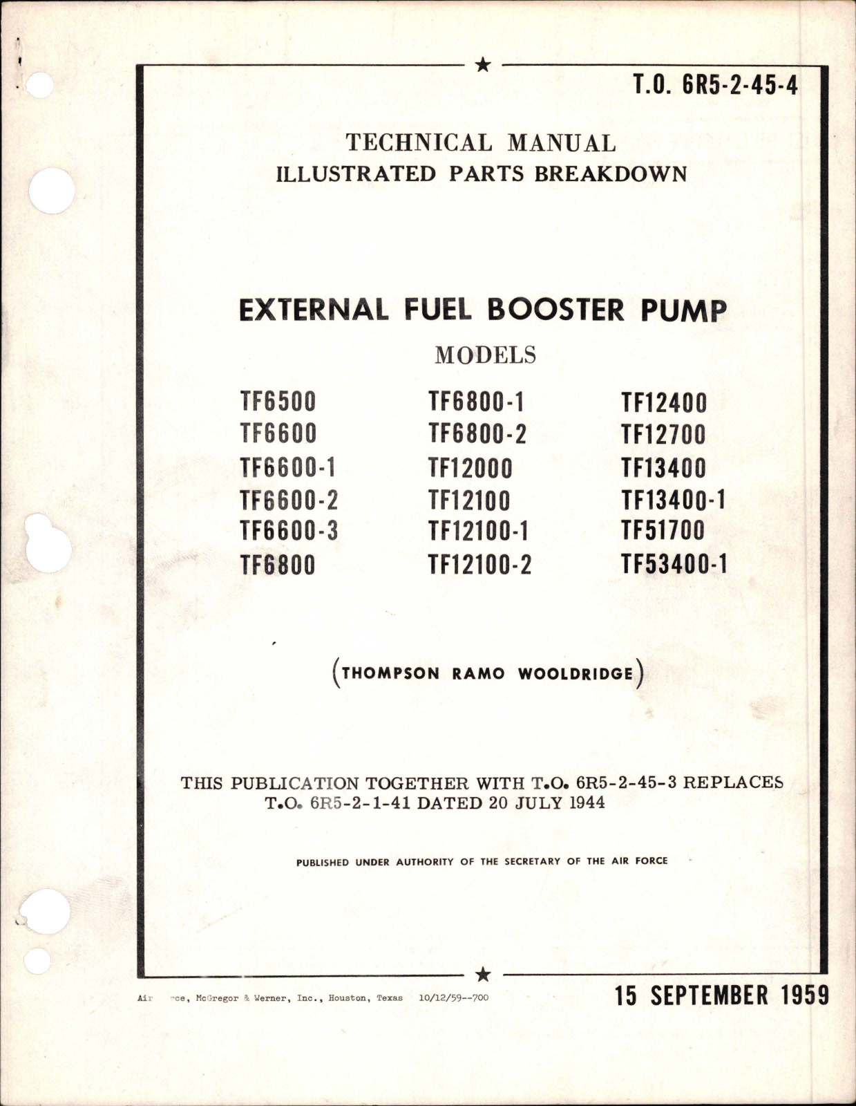 Sample page 1 from AirCorps Library document: Illustrated Parts Breakdown for External Fuel Booster Pump