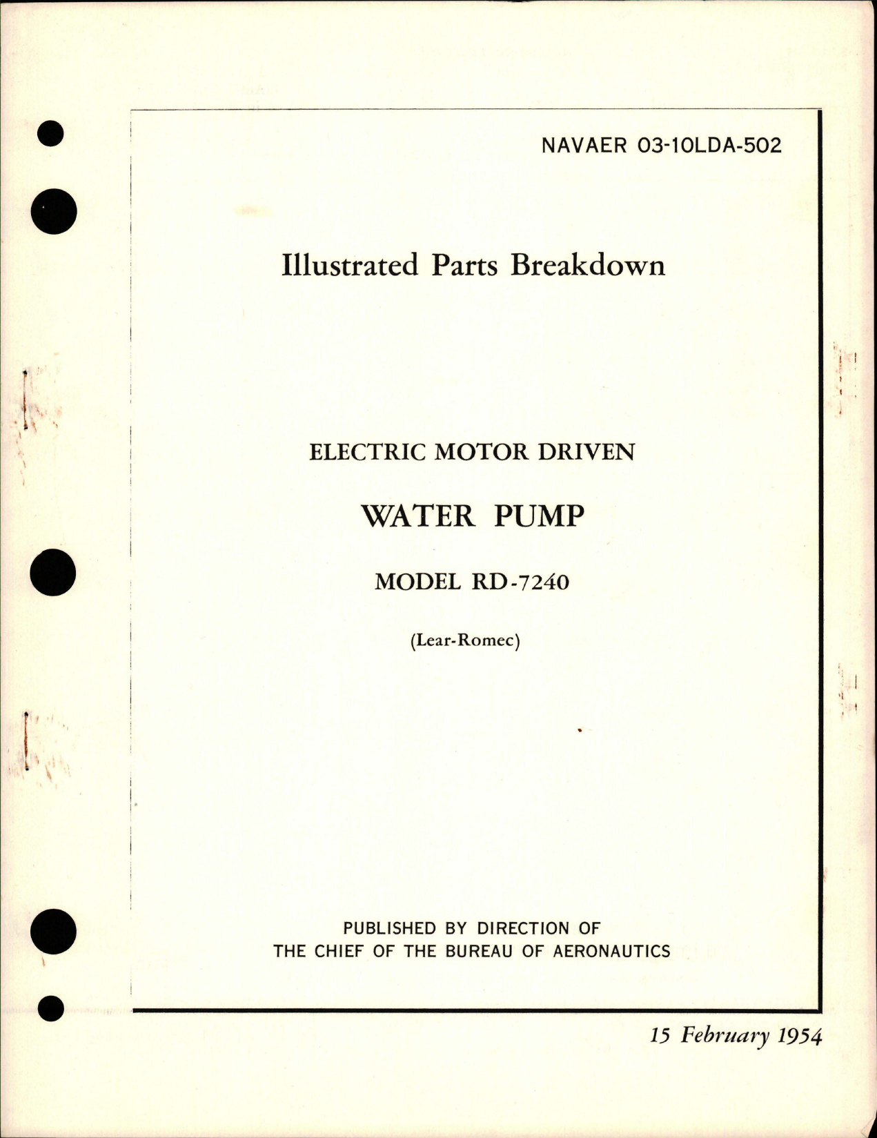 Sample page 1 from AirCorps Library document: Illustrated Parts Breakdown for Electric Motor Driven Water Pump - Model RD-7240
