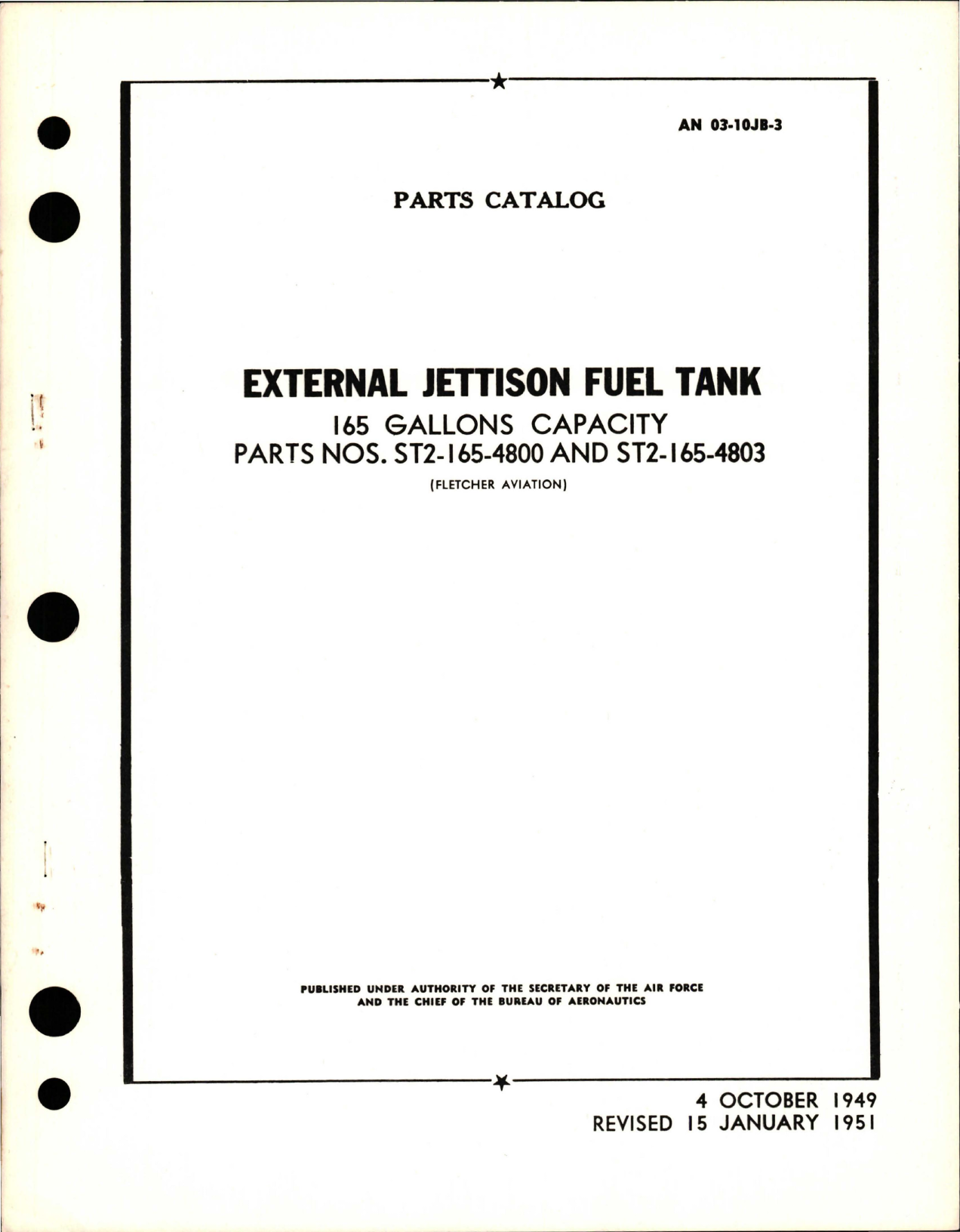 Sample page 1 from AirCorps Library document: Parts Catalog for External Jettison Fuel Tank - 165 Gallons Capacity - Parts ST2-165-4800 and ST2-165-4803