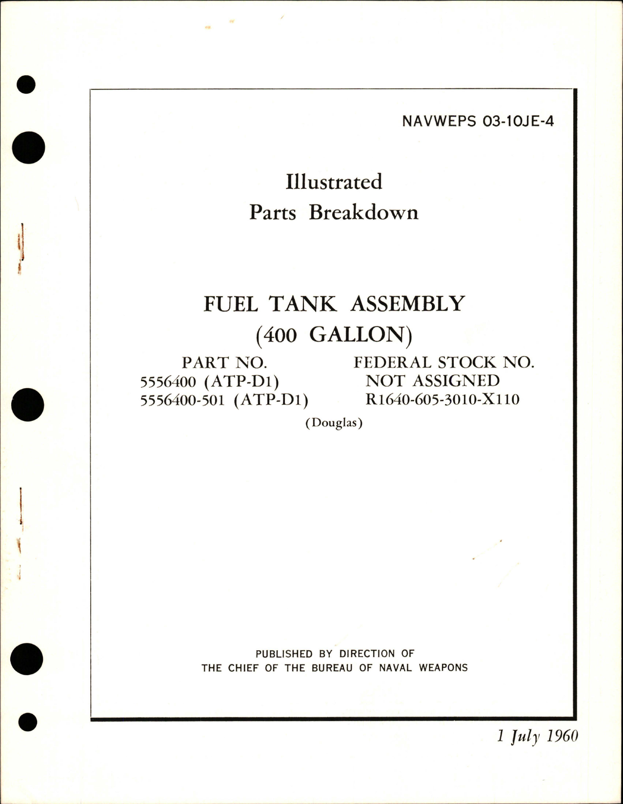 Sample page 1 from AirCorps Library document: Illustrated Parts Breakdown for Fuel Tank Assembly - 400 Gallon - Part 5556400 and 5556400-501