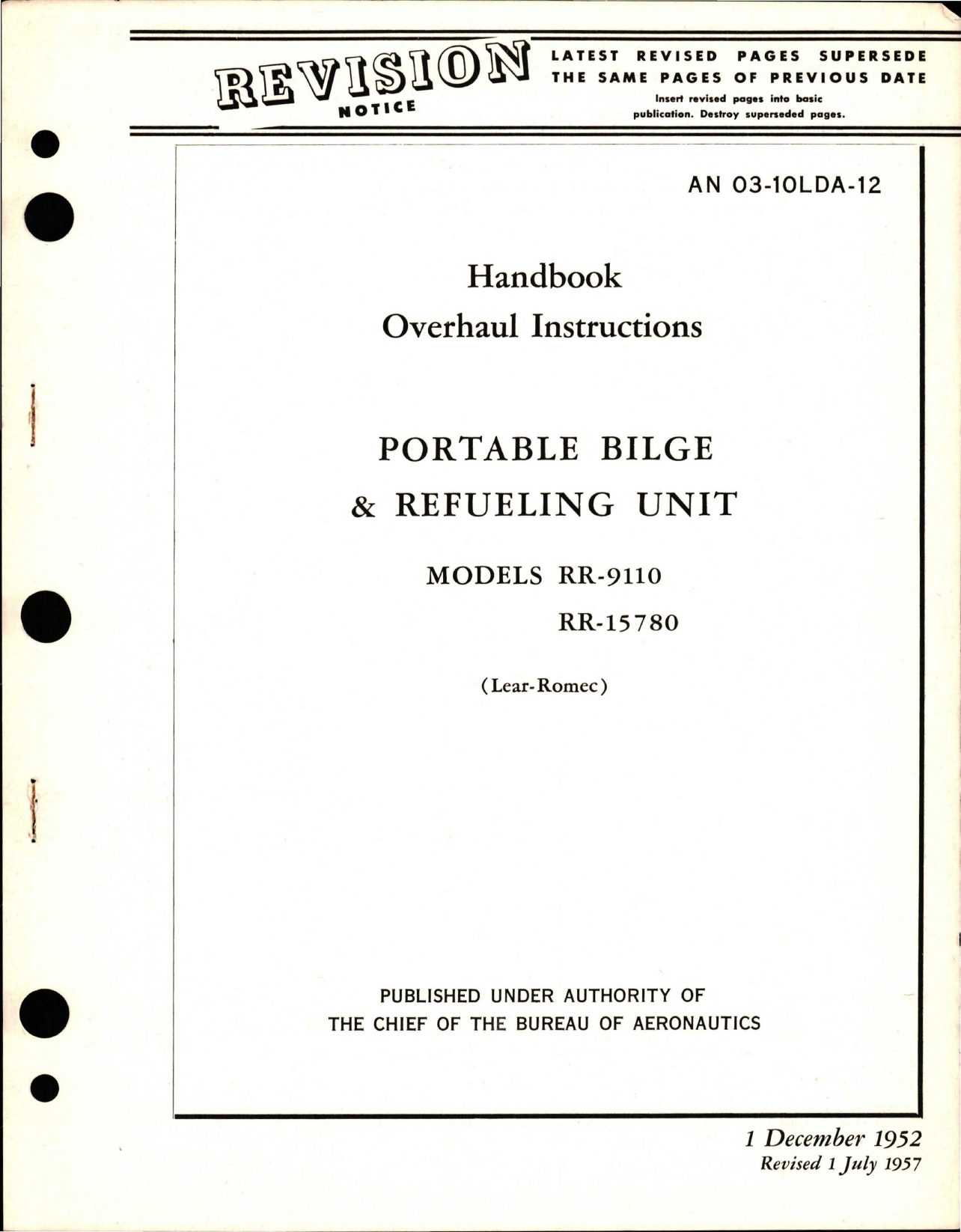 Sample page 1 from AirCorps Library document: Overhaul Instructions for Portable Bilge & Refueling Unit - Models RR-9110 and RR-15780