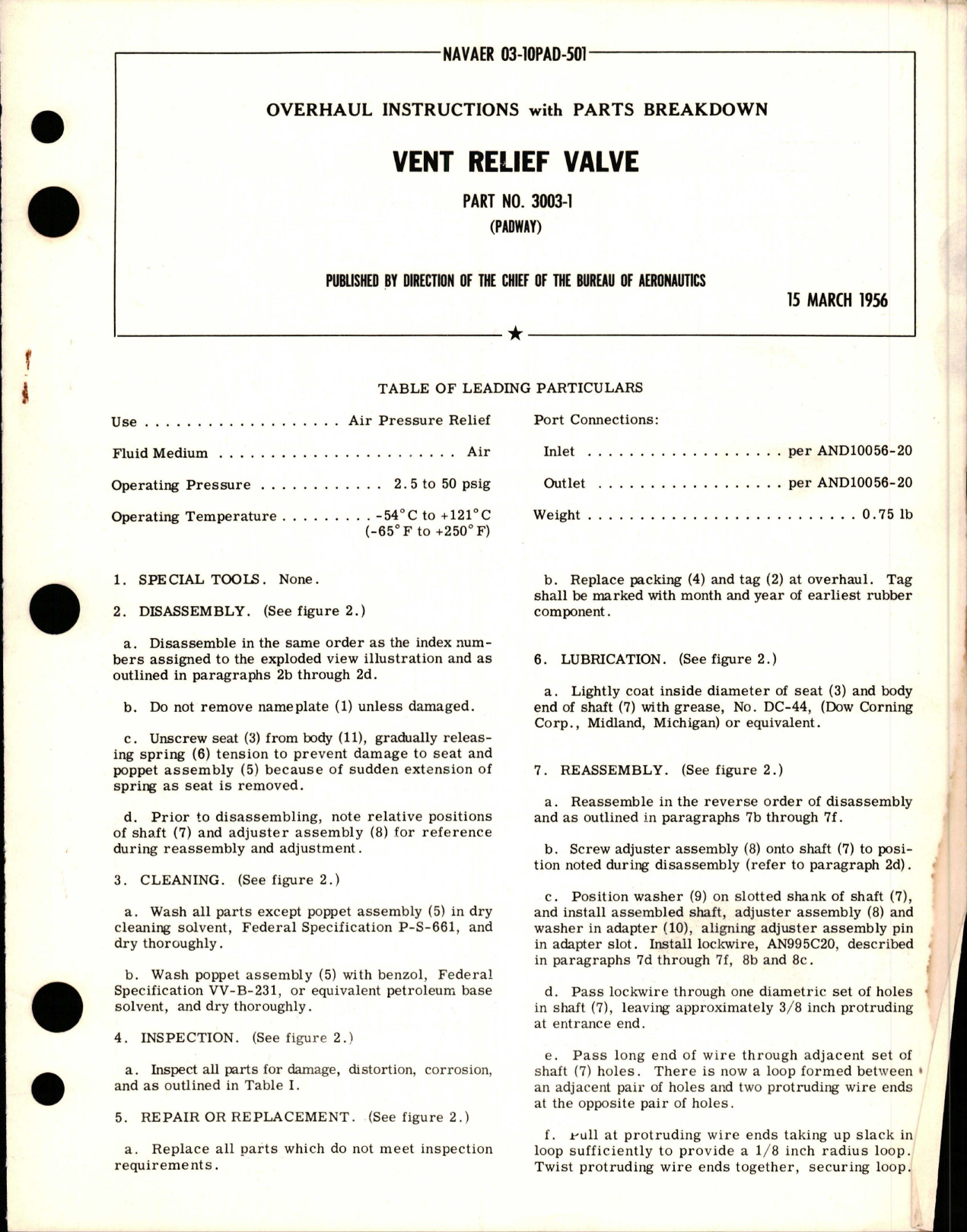 Sample page 1 from AirCorps Library document: Overhaul Instructions with Parts for Vent Relief Valve - Part 3003-1