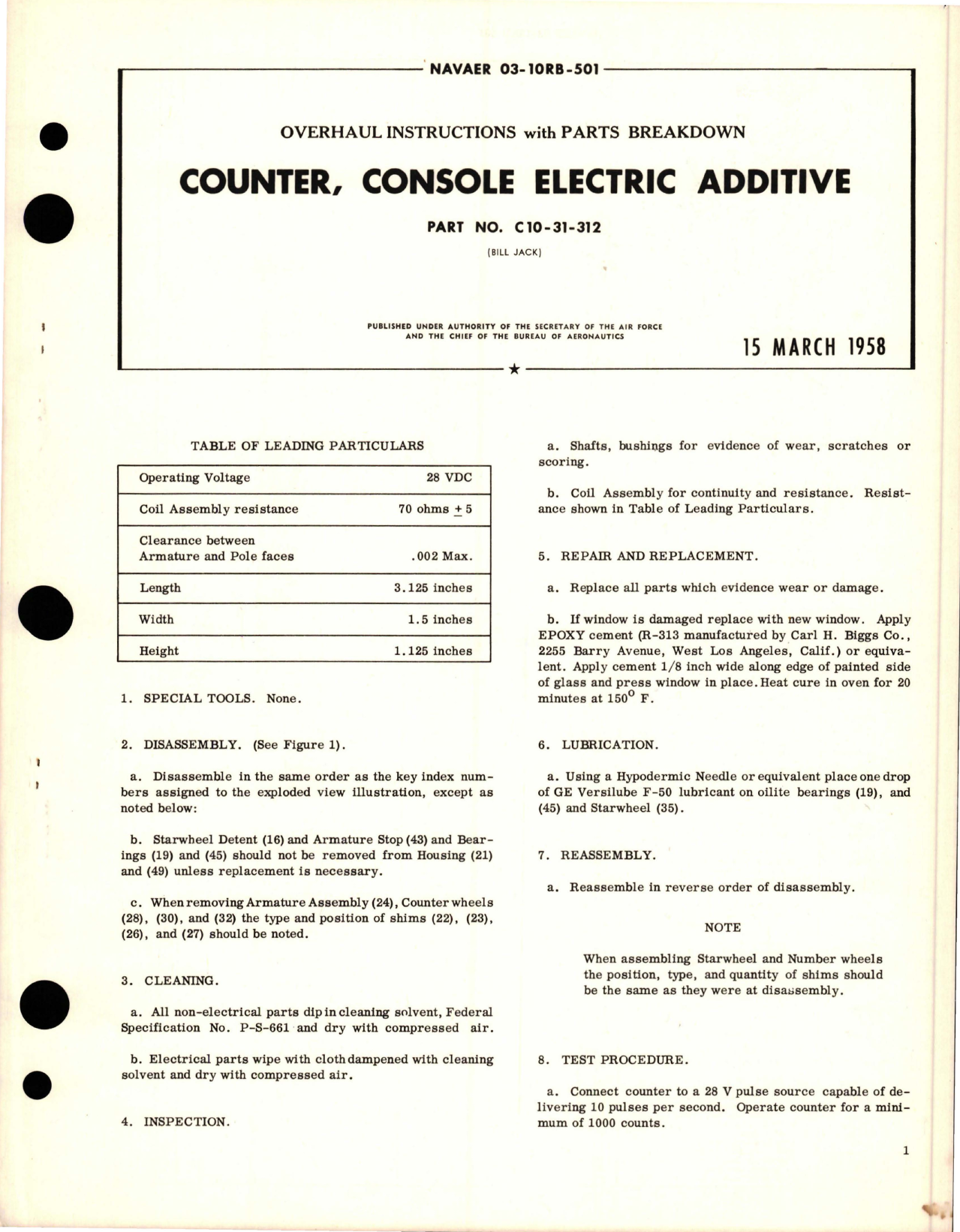 Sample page 1 from AirCorps Library document: Overhaul Instructions with Parts for Console Electric Additive Counter - Part C10-31-312