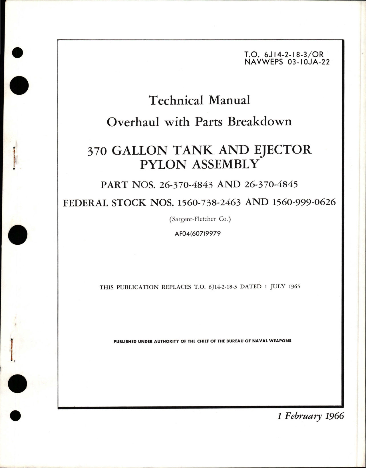 Sample page 1 from AirCorps Library document: Overhaul with Parts for 370 Gallon Tank and Ejector Pylon Assembly - Parts 26-370-4843 and 26-370-4845