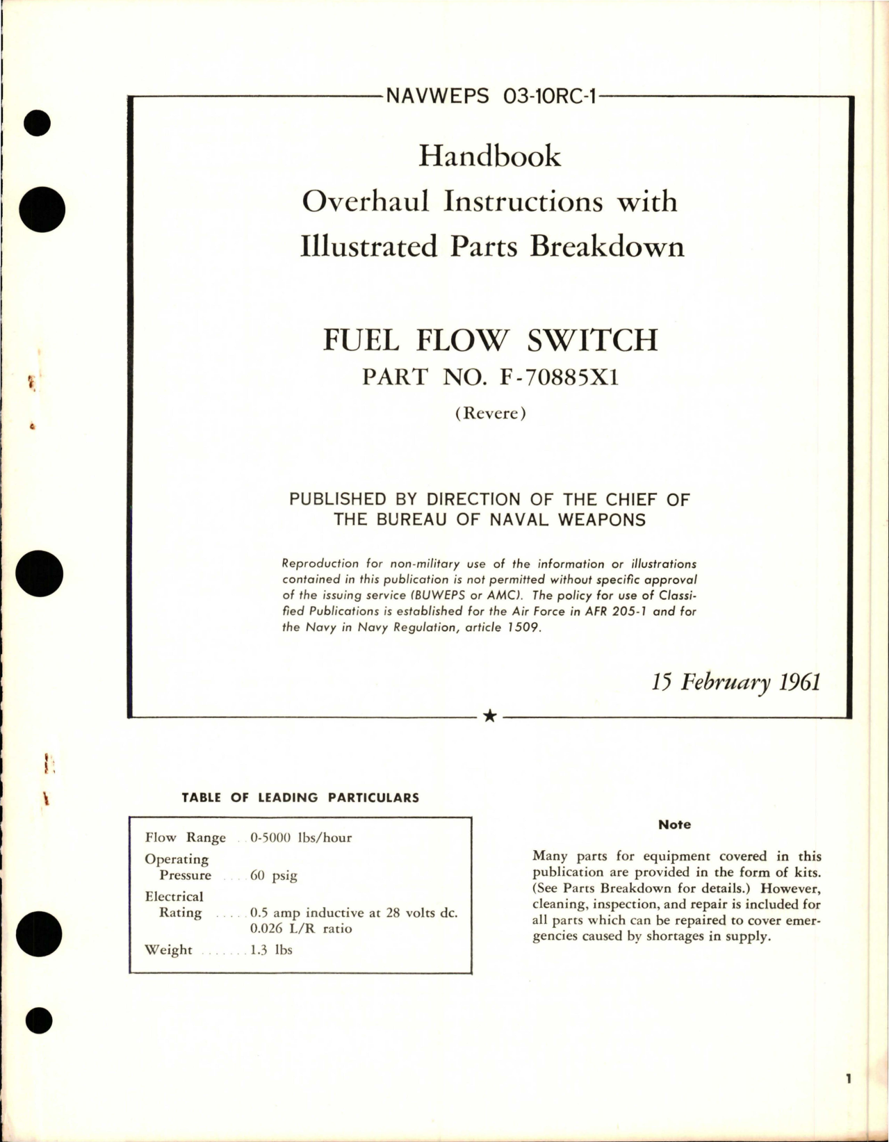 Sample page 1 from AirCorps Library document: Overhaul Instructions with Illustrated Parts Breakdown for Fuel Flow Switch - Part F-70885X1