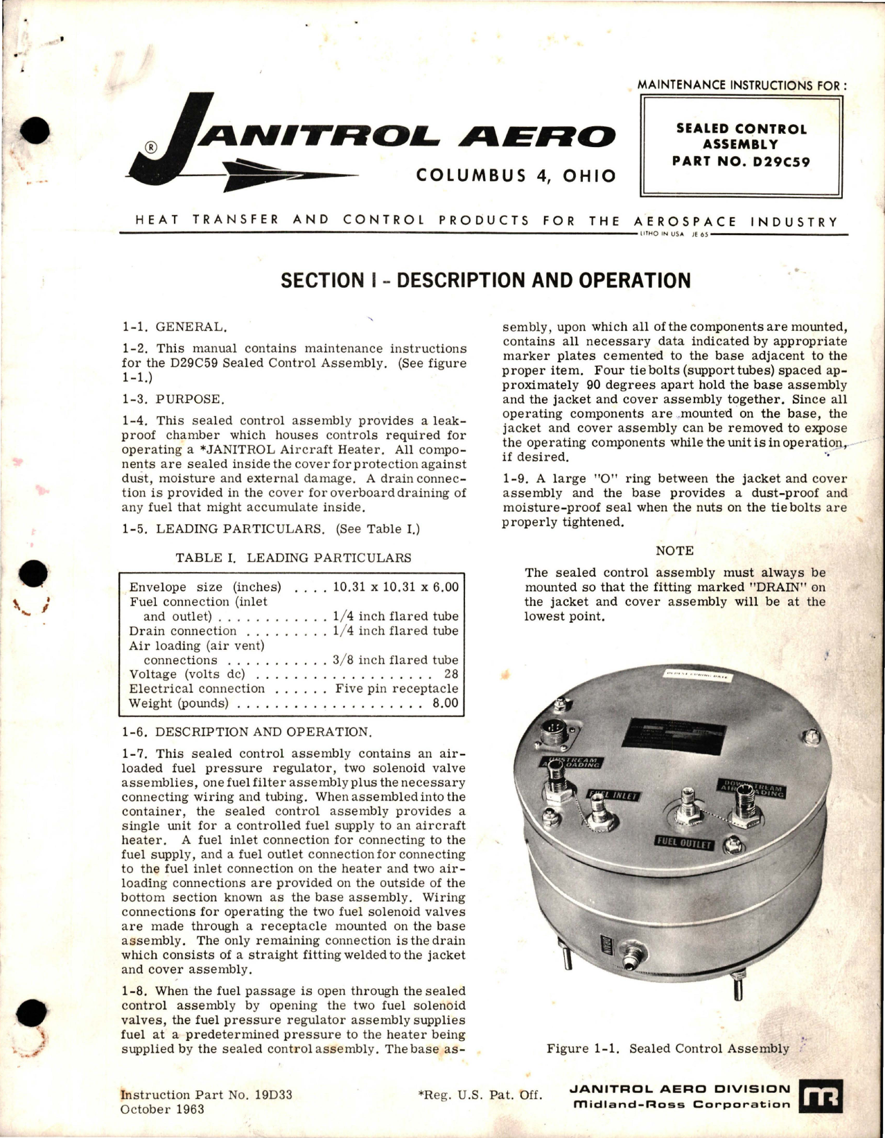 Sample page 1 from AirCorps Library document: Maintenance Instructions for Sealed Control Assembly - Part D29C59