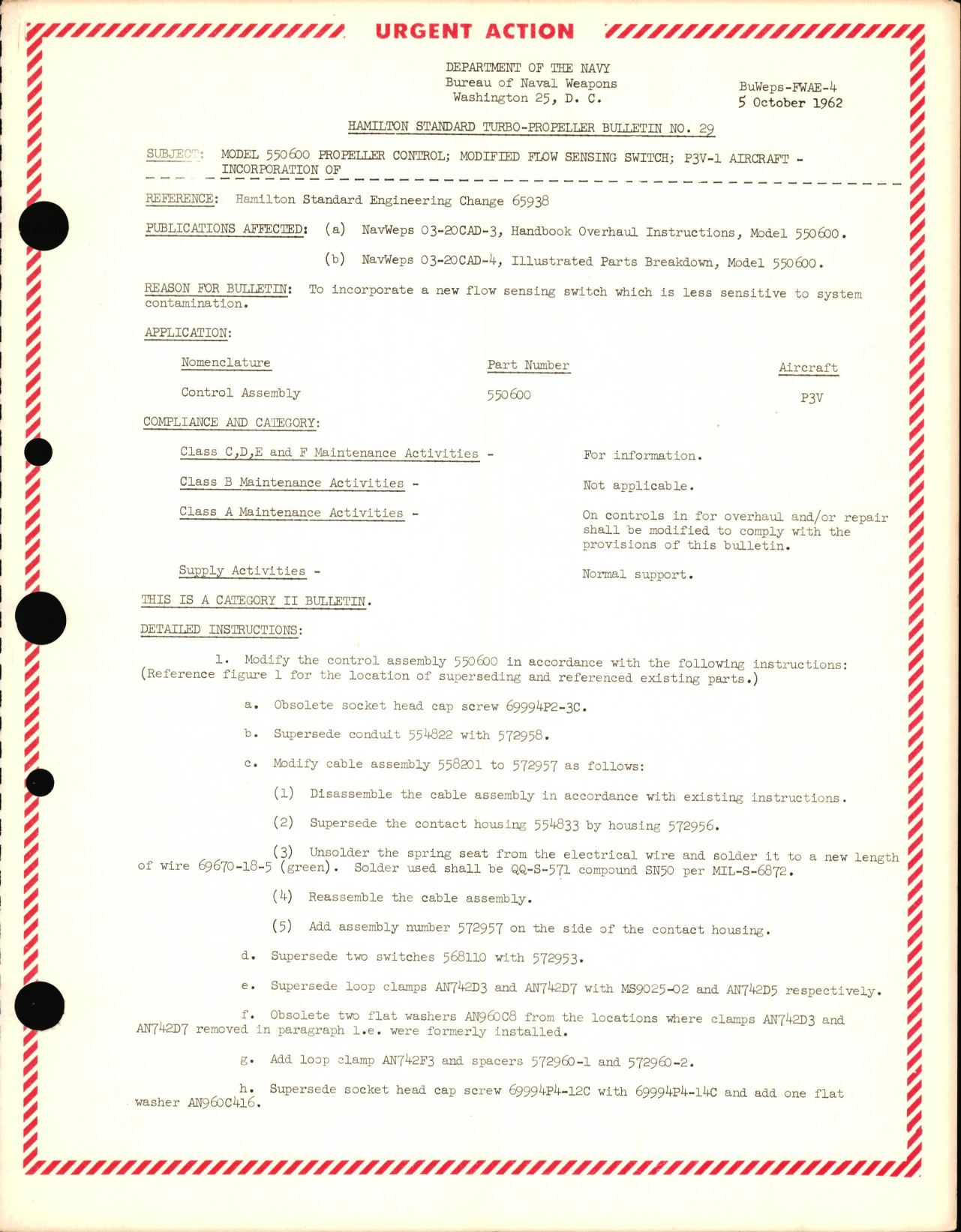 Sample page 1 from AirCorps Library document: Incorporation of Modified Flow Sensing Switch on Model 550600 Propeller Control