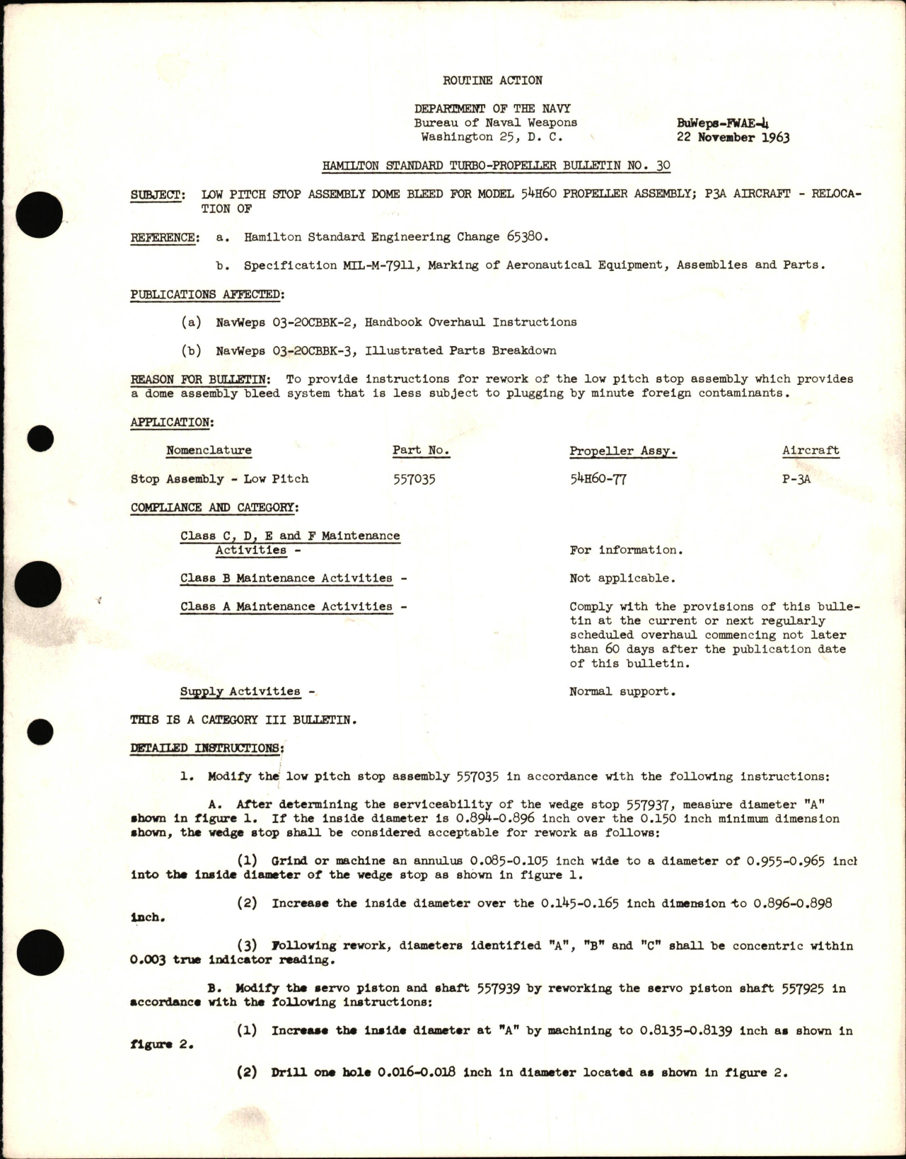 Sample page 1 from AirCorps Library document: Relocation of Low Pitch Stop Assembly Dome Bleed for Model 54H60 Propeller Assembly; P3A Aircraft