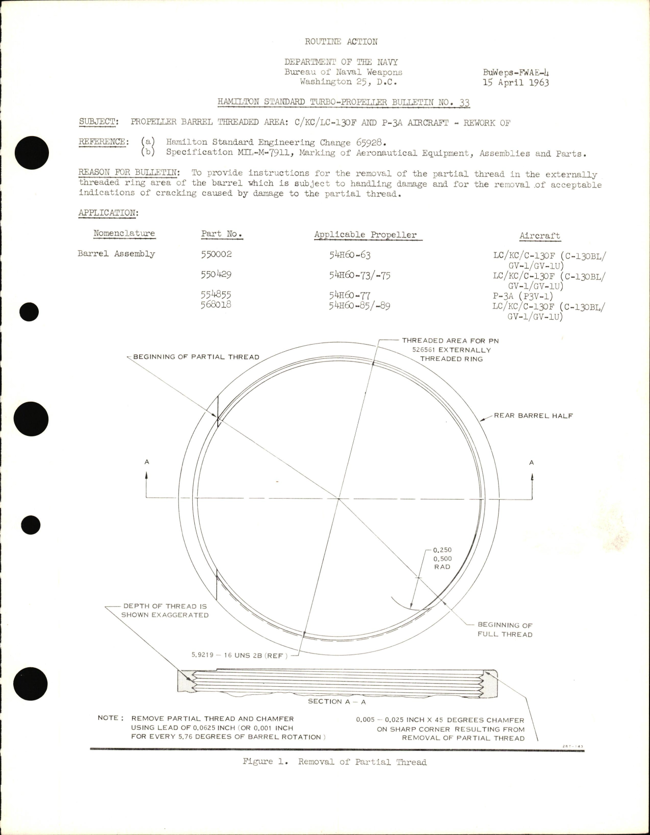 Sample page 1 from AirCorps Library document: Rework of Propeller Barrel Threaded Area on C, KC, LC-130F & P-3A