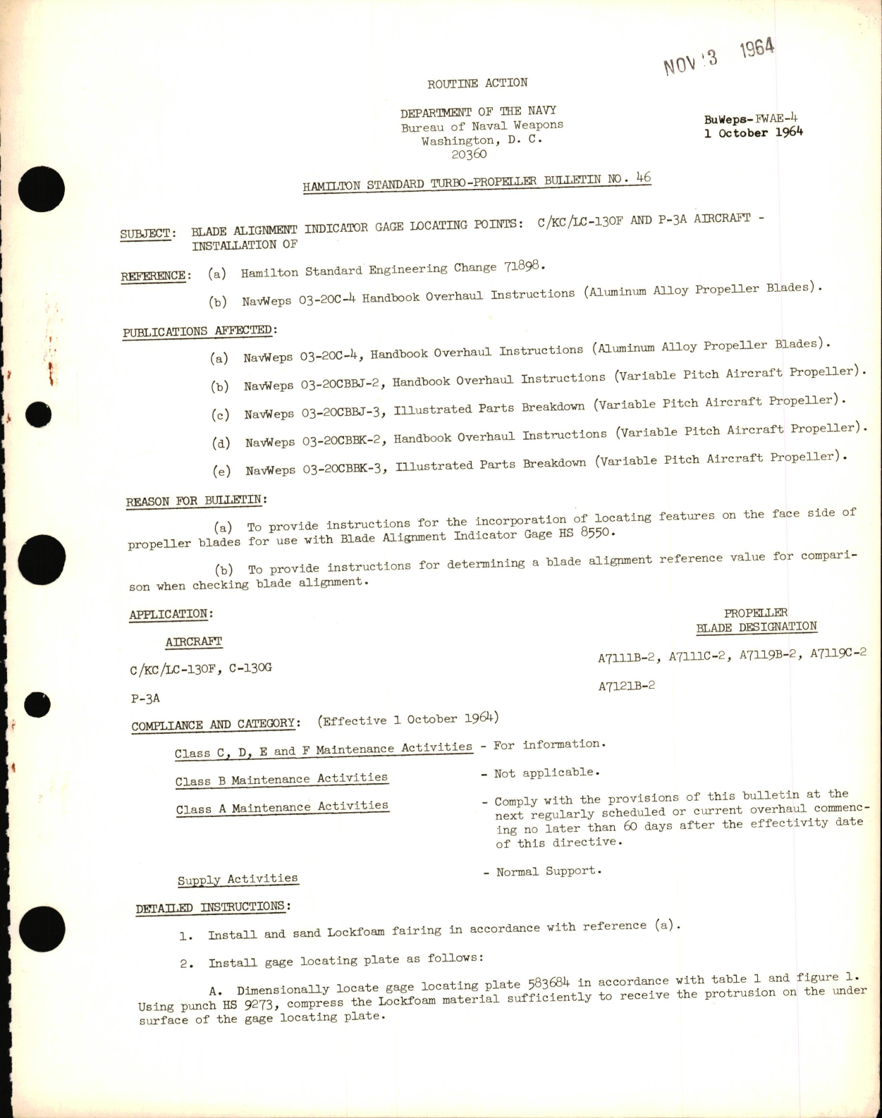 Sample page 1 from AirCorps Library document: Blade Alignment Indicator Gage Locating Points for Hamilton Standard Propellers on C/KC/LC-130F & P-3A Aircraft