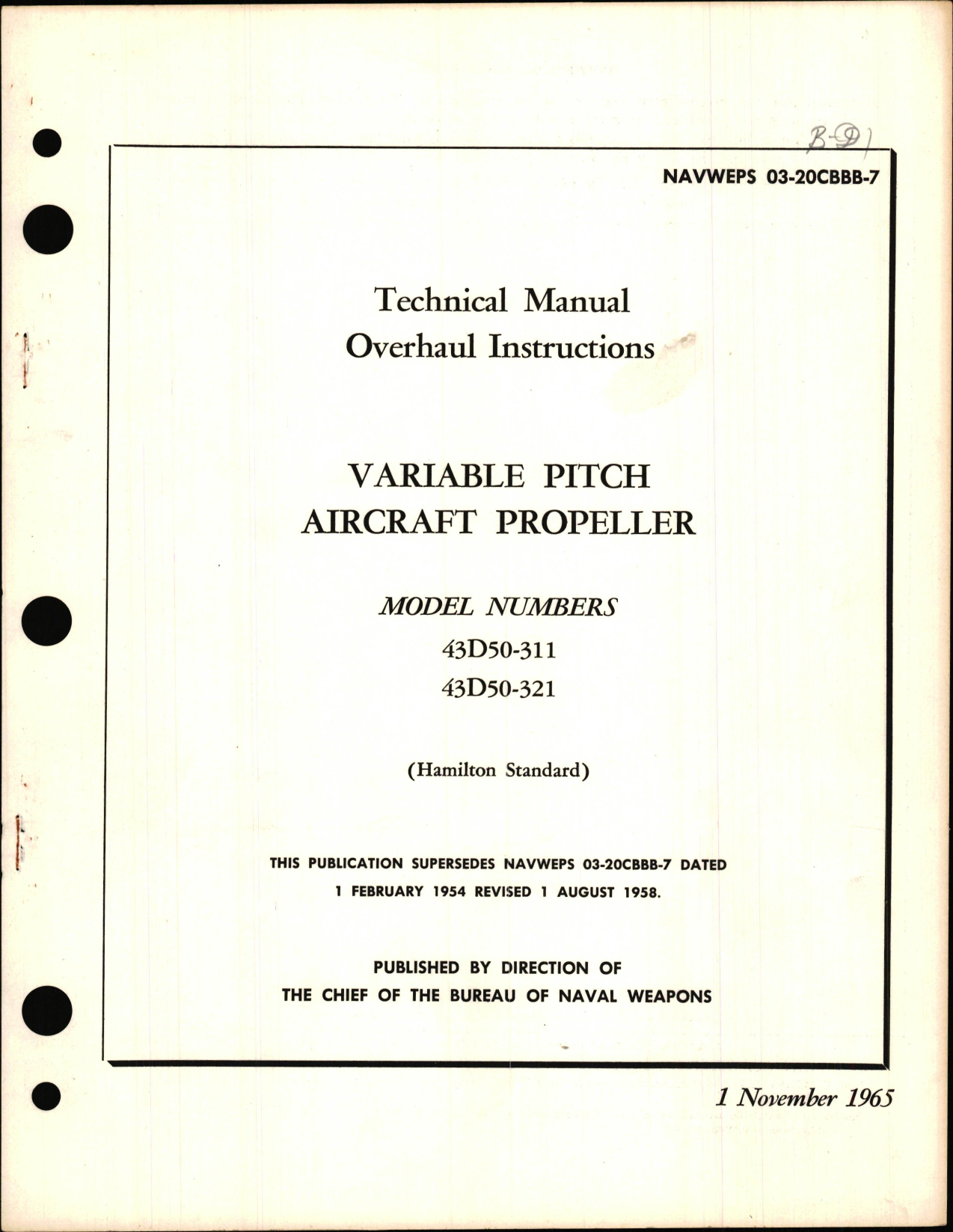 Sample page 1 from AirCorps Library document: Overhaul Instructions for Variable Pitch Aircraft Propeller Models 43D50-311 & 43D50-321