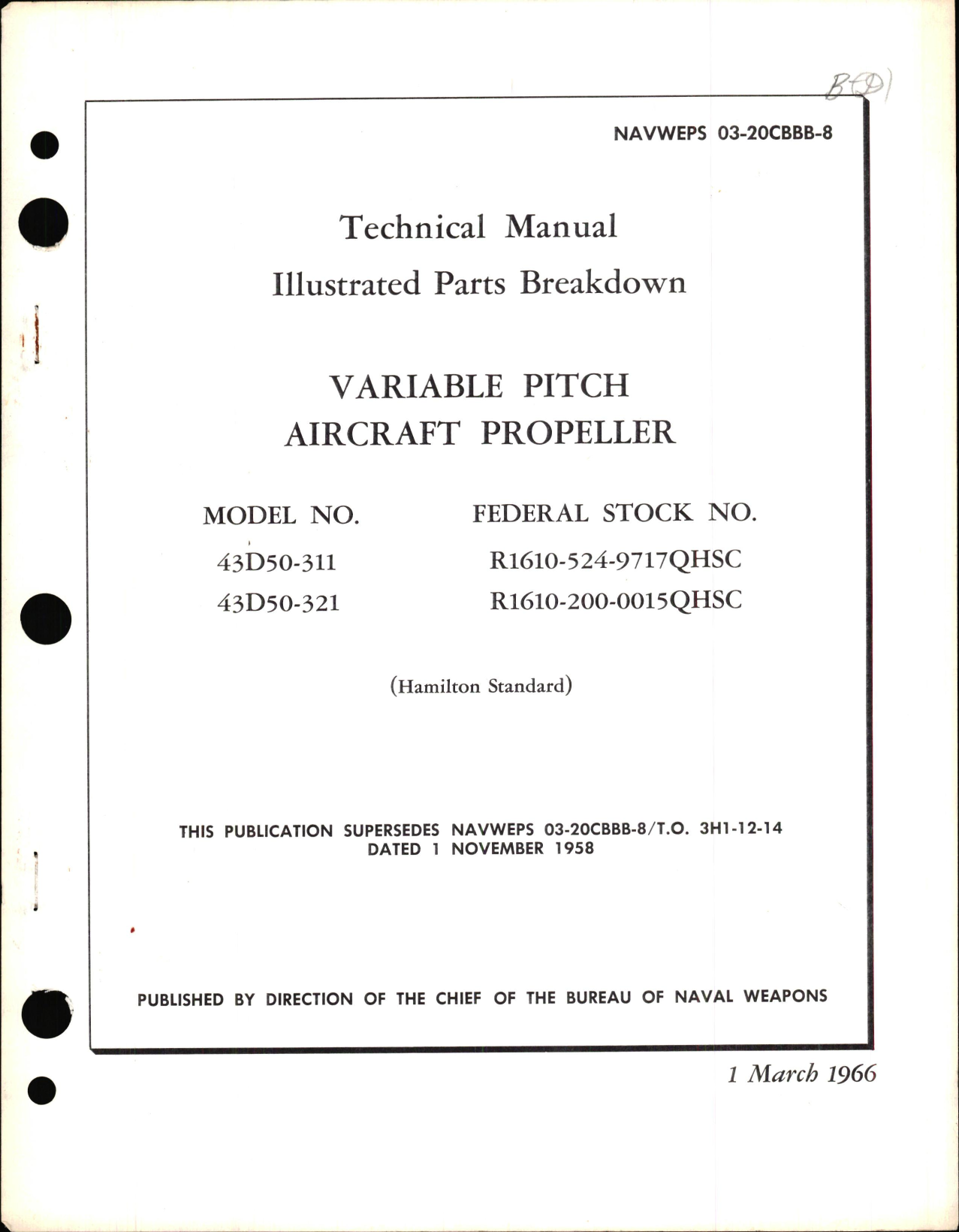 Sample page 1 from AirCorps Library document: Illustrated Parts Breakdown for Variable Pitch Aircraft Propeller Models 43D50-311 & 43D50-321