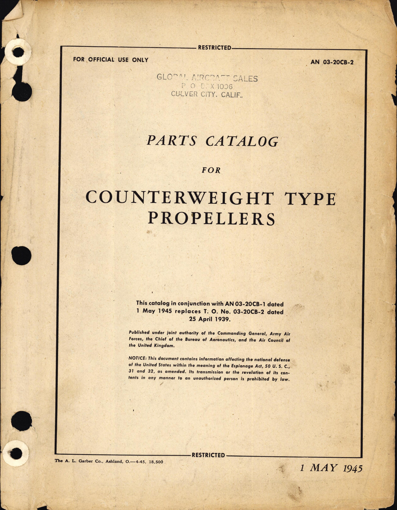 Sample page 1 from AirCorps Library document: Parts Catalog for Counterweight Type Propellers
