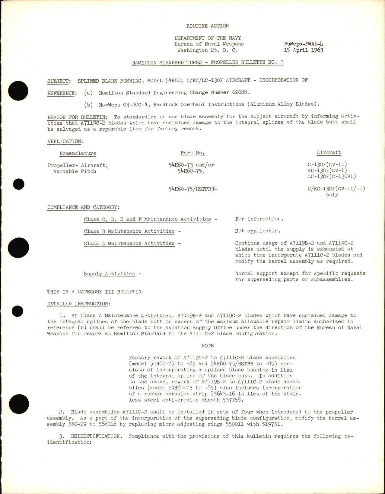 Sample page 1 from AirCorps Library document: Incorporation of Splined Blade Bushing on Model 54H60 for C, KC, LC-130F Aircraft