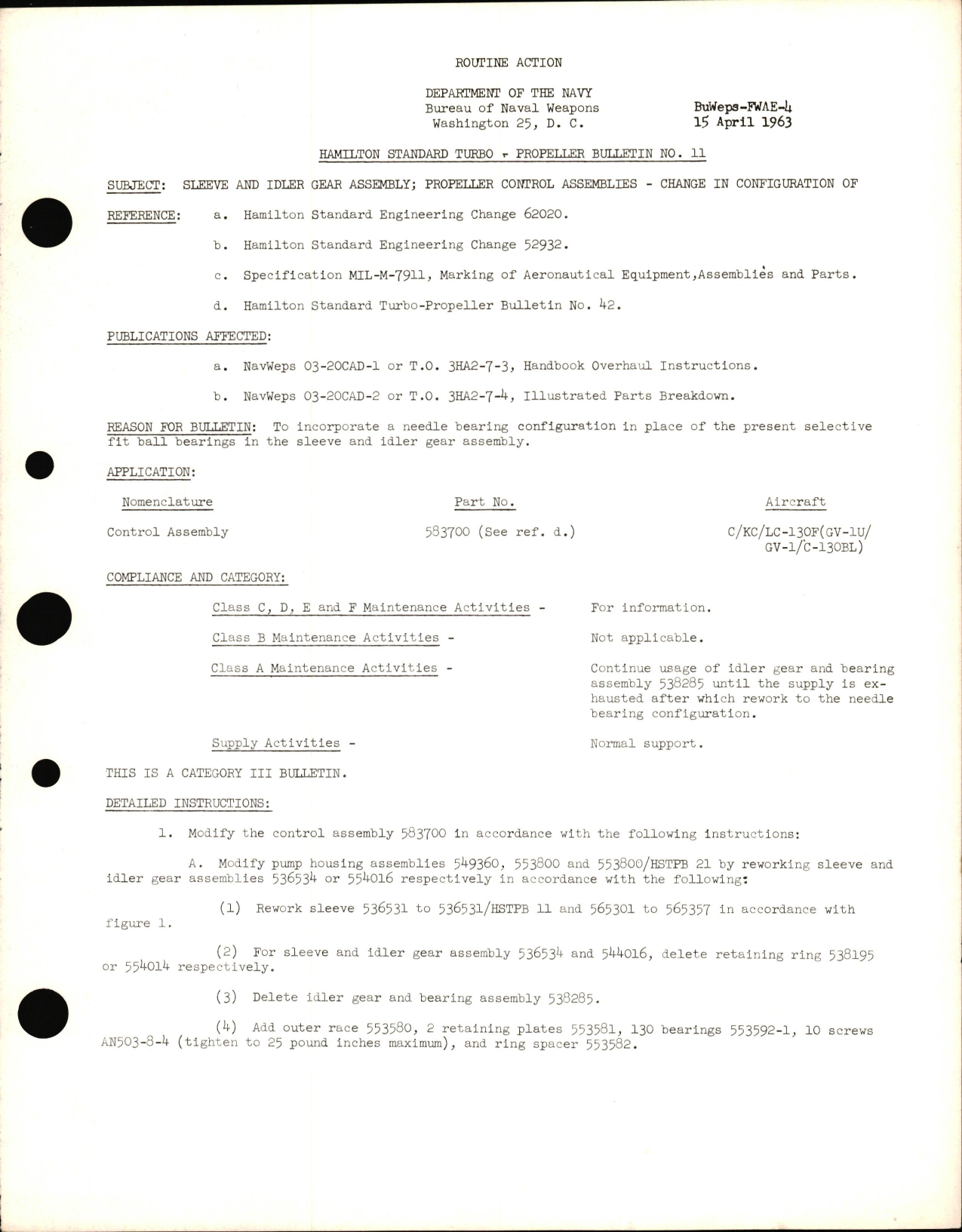 Sample page 1 from AirCorps Library document: Change in Configuration of Sleeve & Idler Gear Assembly on Propeller Control Assemblies