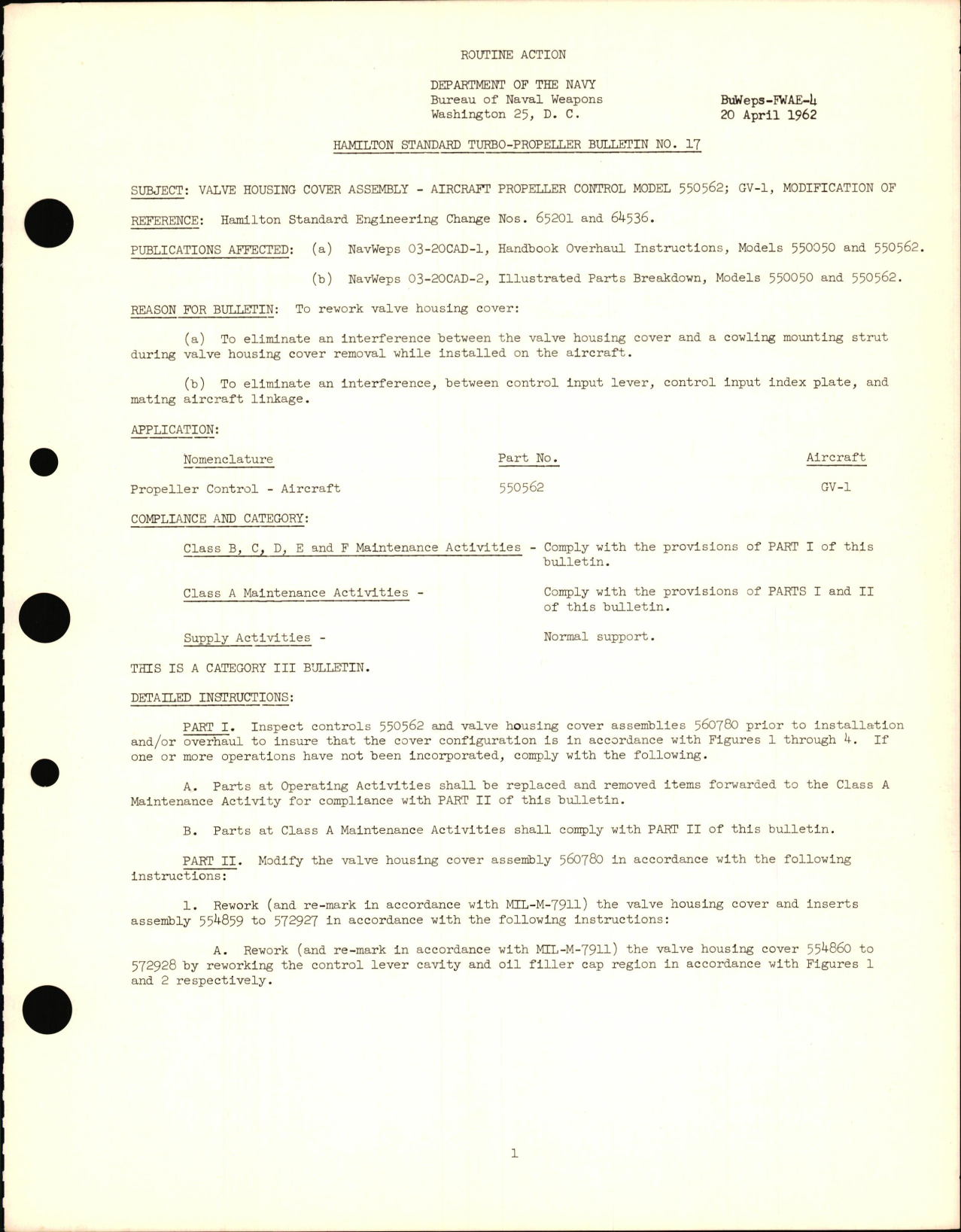 Sample page 1 from AirCorps Library document: Modification of Valve Housing Cover Assembly - Aircraft Propeller Control Model 550562