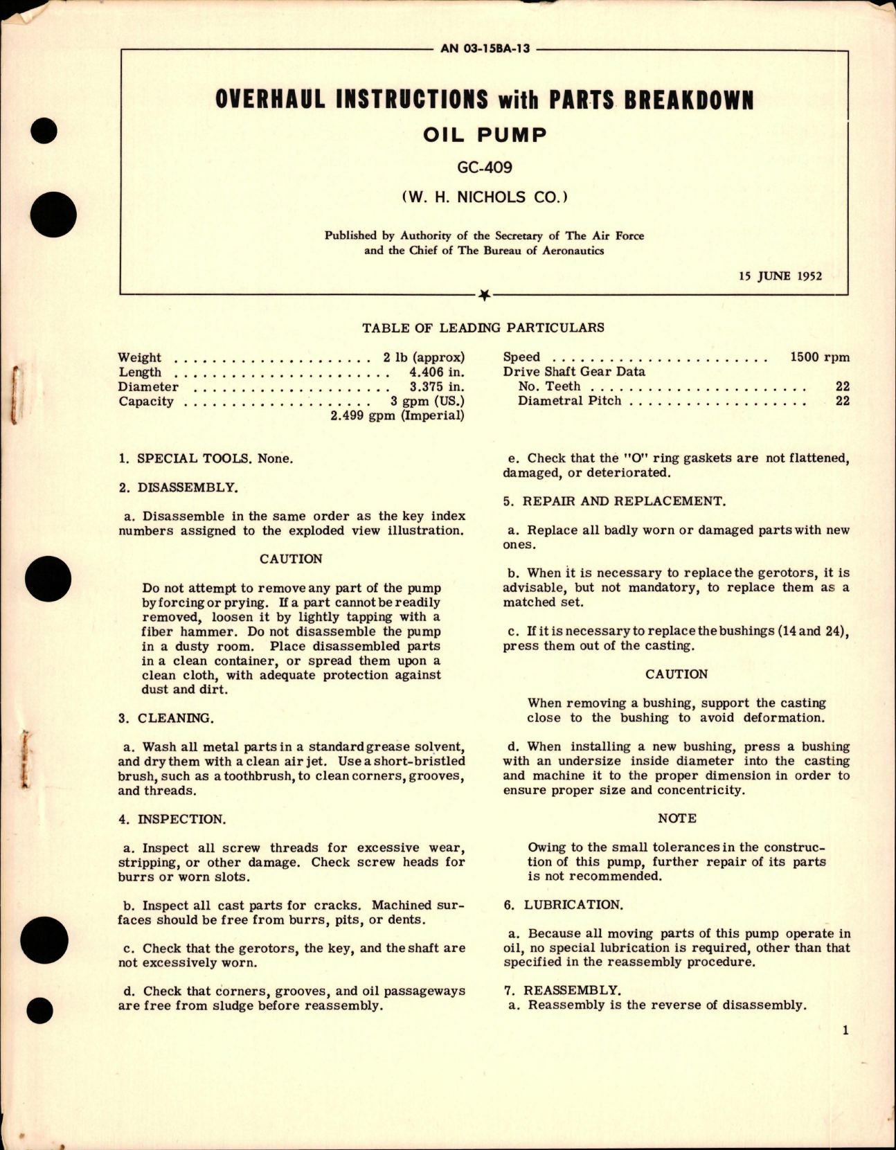 Sample page 1 from AirCorps Library document: Overhaul Instructions with Parts Breakdown for Oil Pump - GC-409 