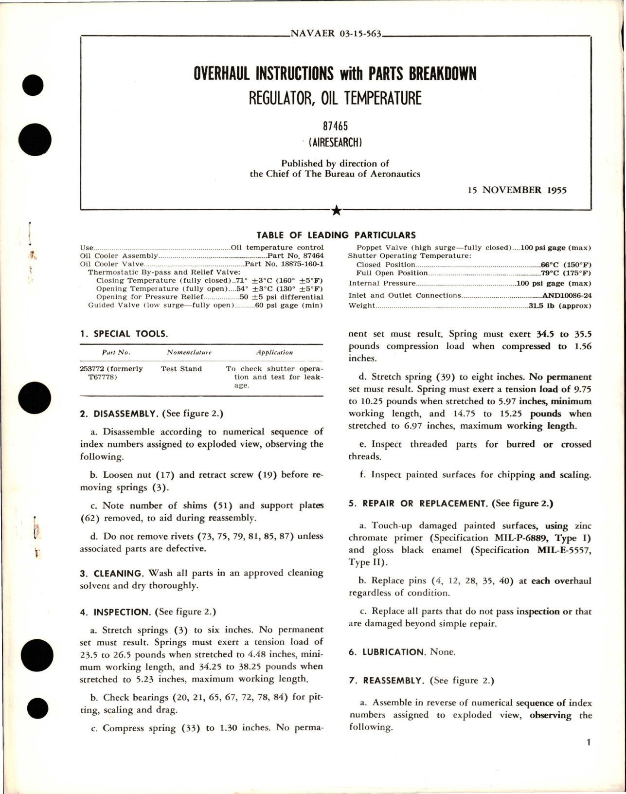 Sample page 1 from AirCorps Library document: Overhaul Instructions with Parts Breakdown for Oil Temperature Regulator - 87465 