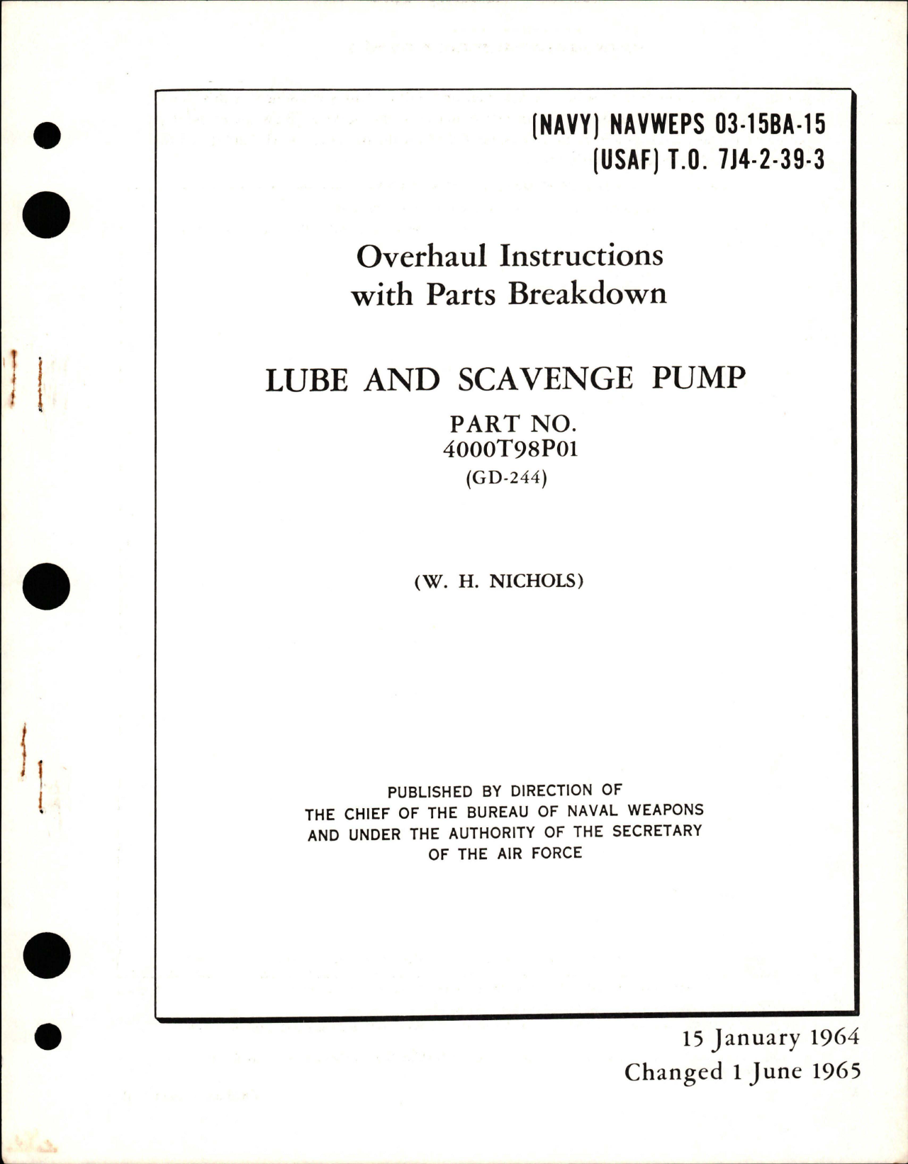 Sample page 1 from AirCorps Library document: Overhaul Instructions with Parts for Lube and Scavenge Pump - Part 4000T98P01 - GD-244 