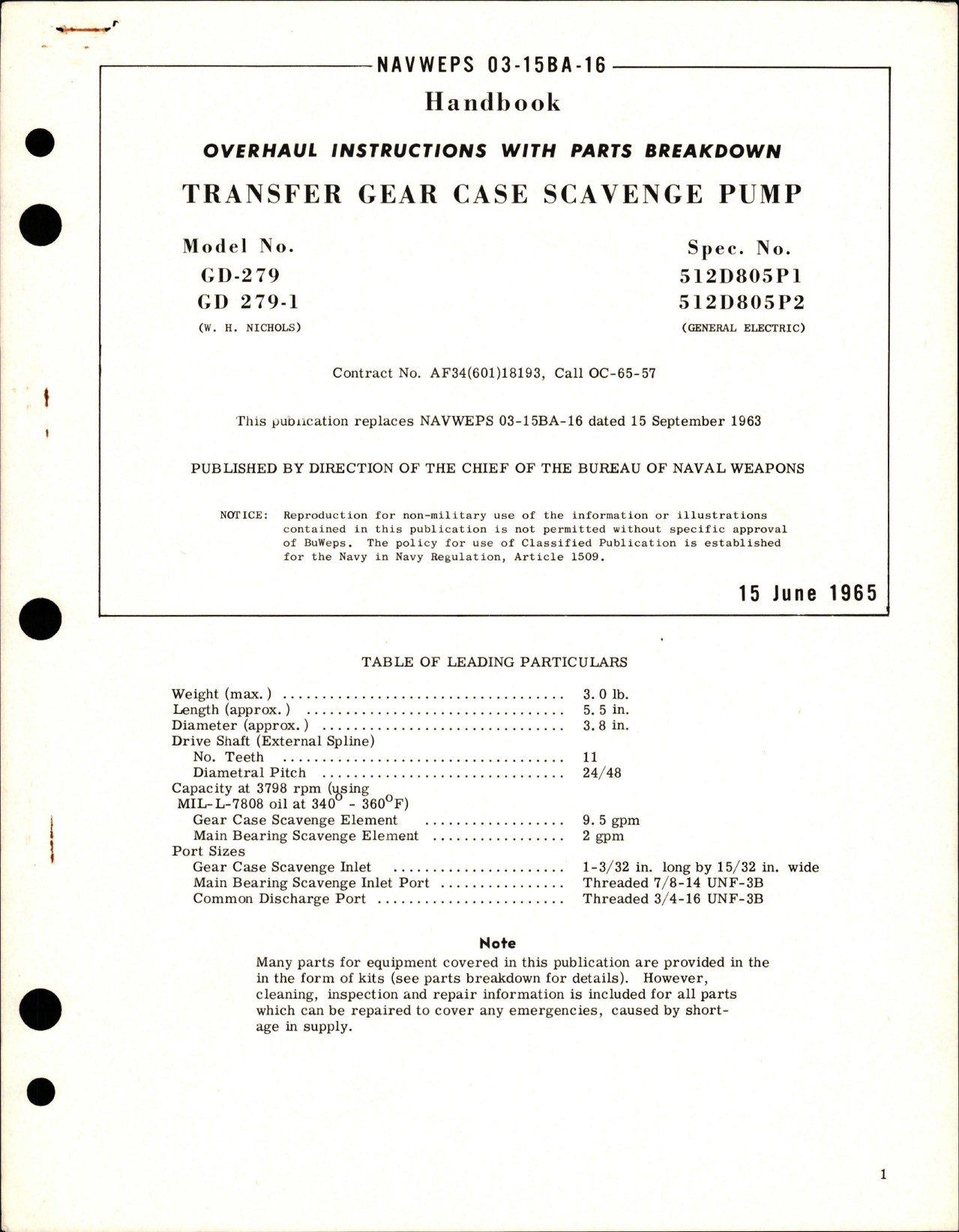 Sample page 1 from AirCorps Library document: Overhaul Instructions with Parts for Transfer Gear Case Scavenge Pump - Models GD-279 and GD-279-1