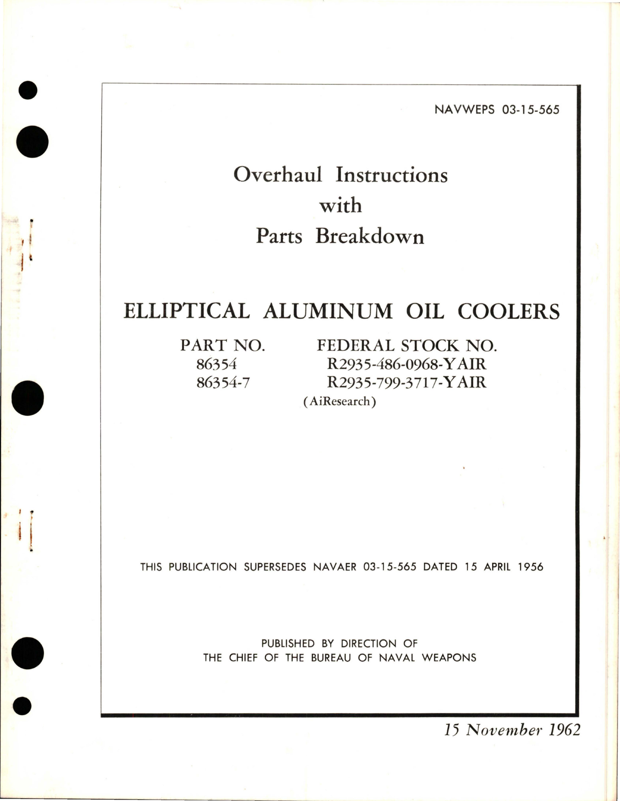 Sample page 1 from AirCorps Library document: Overhaul Instructions with Parts Breakdown for Elliptical Aluminum Oil Coolers - Parts 86354 and 86354-7 