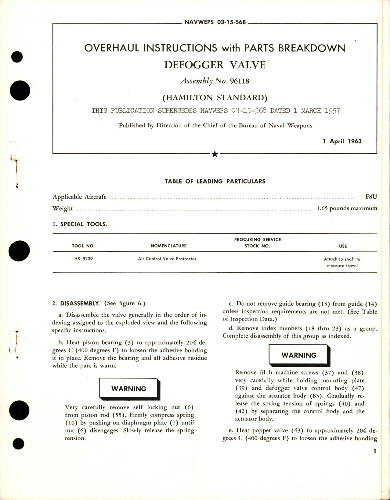 Sample page 1 from AirCorps Library document: Overhaul Instructions with Parts Breakdown for Defogger Valve - Assembly 96118