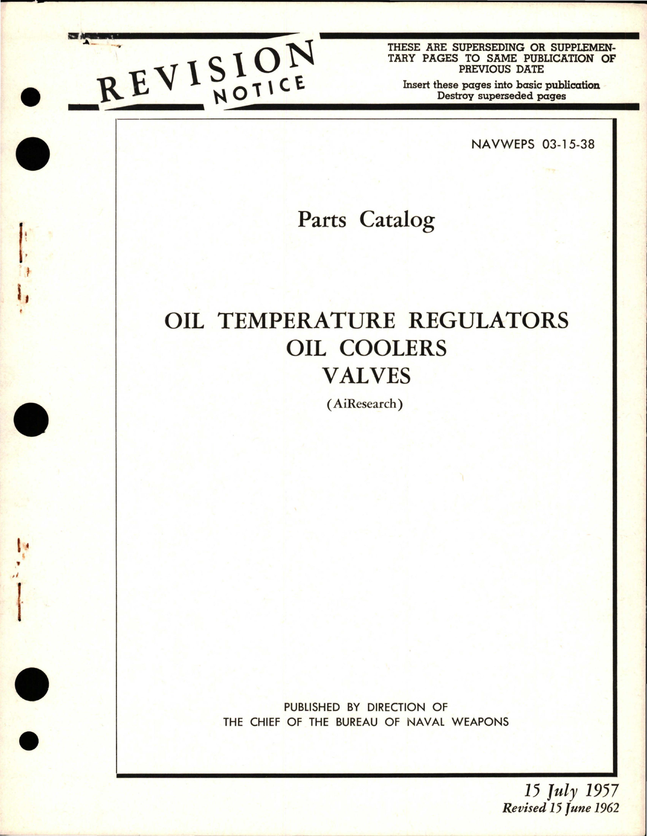 Sample page 1 from AirCorps Library document: Parts Catalog for Oil Temperature Regulators, Oil Coolers Valves