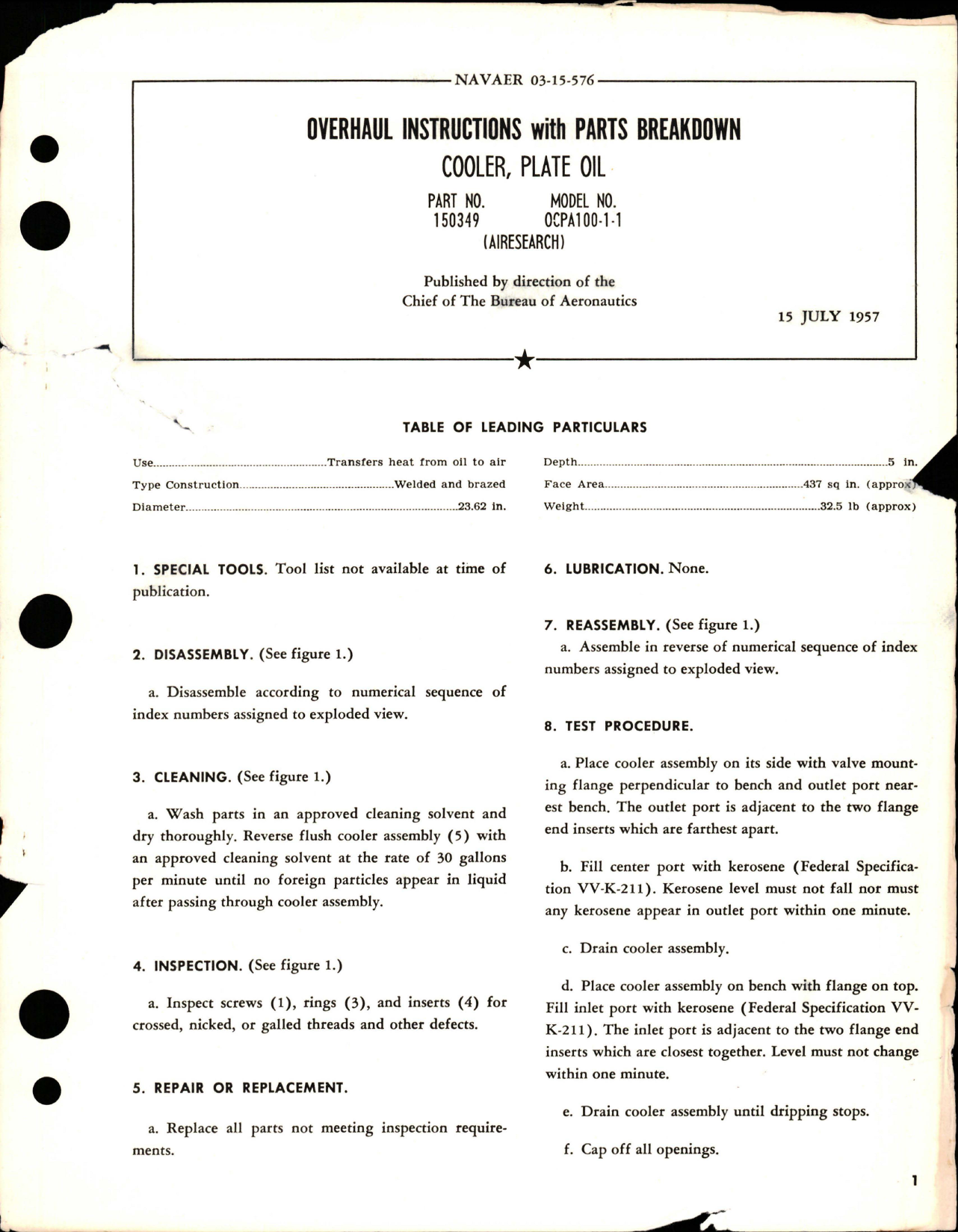 Sample page 1 from AirCorps Library document: Overhaul Instructions with Parts Breakdown for Plate Oil Cooler - Part 150349 - Model OCPA100-1-1