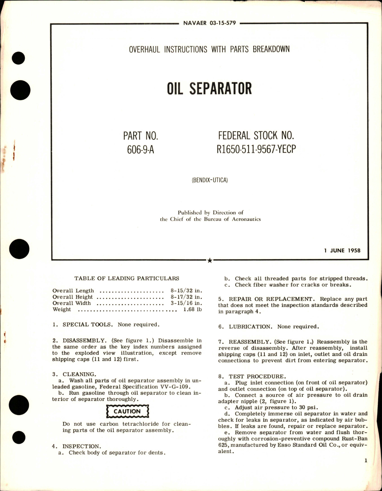 Sample page 1 from AirCorps Library document: Overhaul Instructions with Parts Breakdown for Oil Separator - Part 606-9A