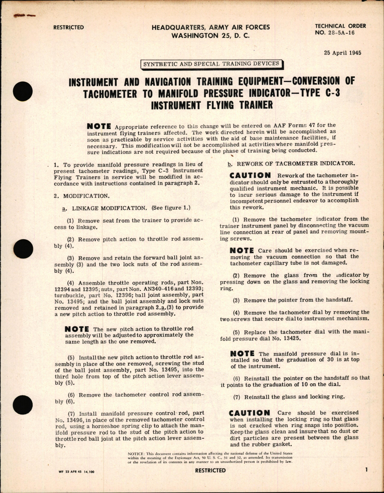 Sample page 1 from AirCorps Library document: Conversion of Tachometer to Manifold Pressure Indicator - Type C-3 Instrument Flying Trainer