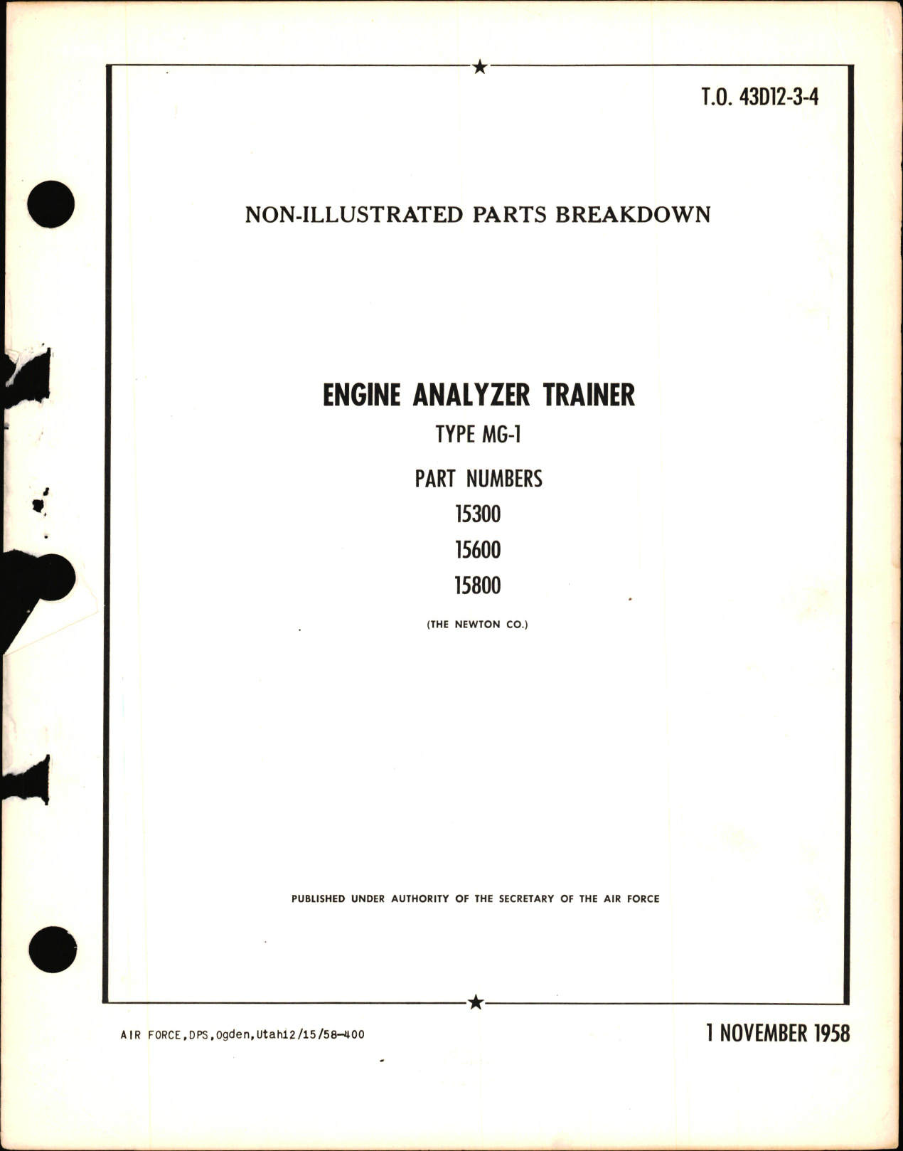 Sample page 1 from AirCorps Library document: Non-Illustrated Parts Breakdown for Engine Analyzer Trainer Type MG-1 PN 15300, 15600, 15800