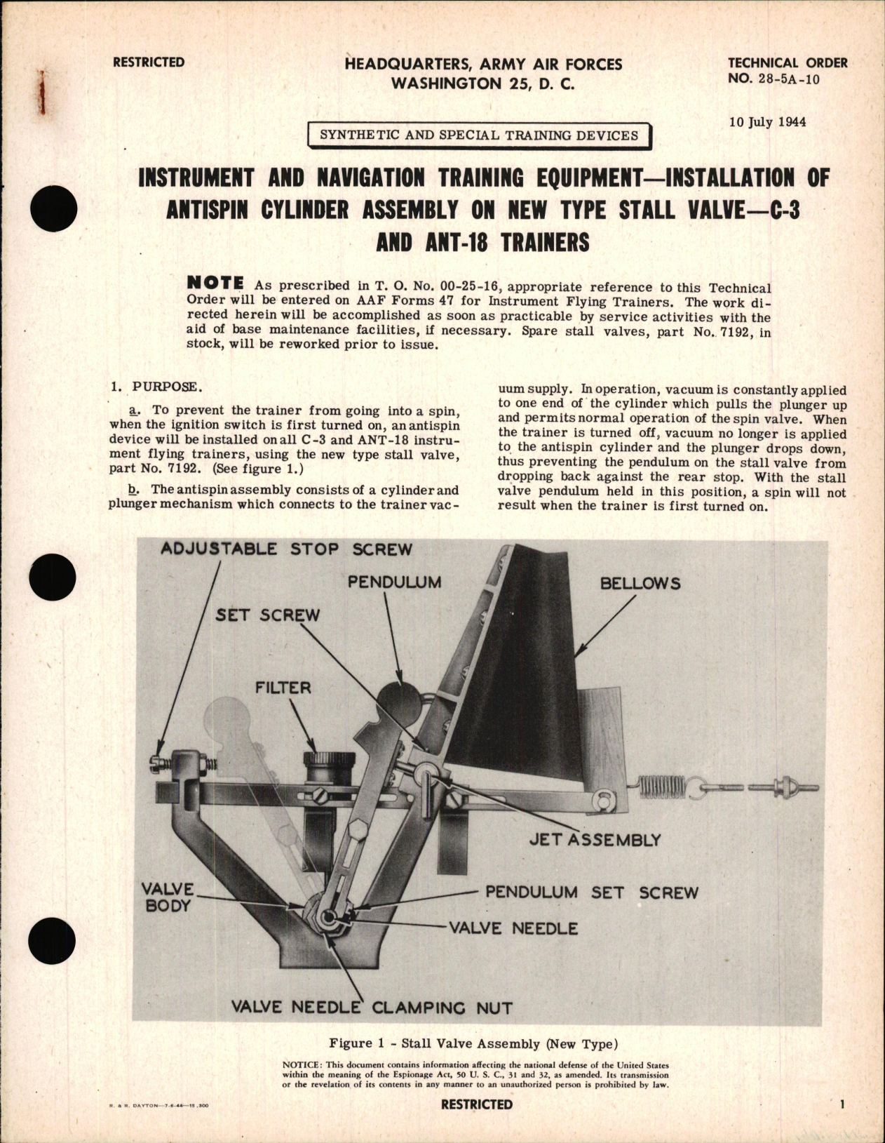 Sample page 1 from AirCorps Library document: Installation of Antispin Cylinder Assembly on New Type Stall Valve - C-3 & ANT-18 Trainers