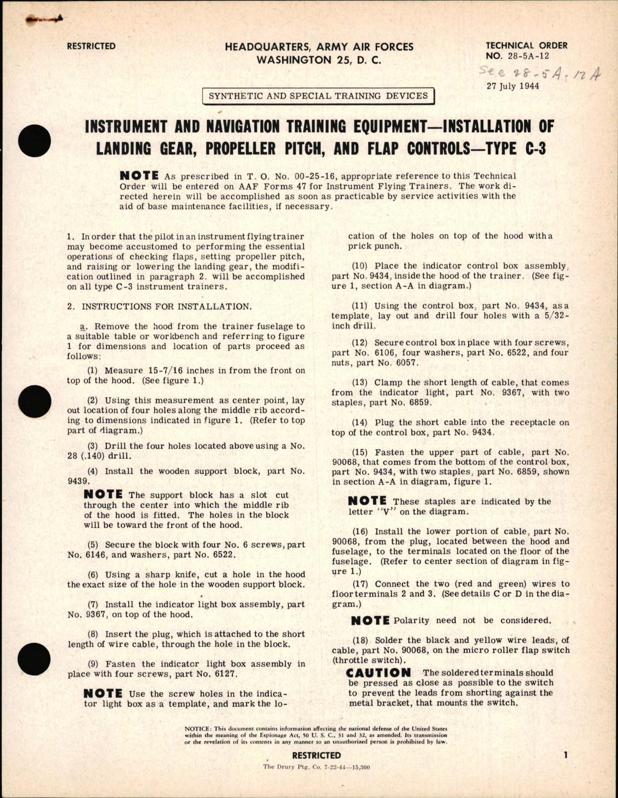 Sample page 1 from AirCorps Library document: Installation of Landing Gear, Propeller Pitch, and Flap Controls - Type C-3