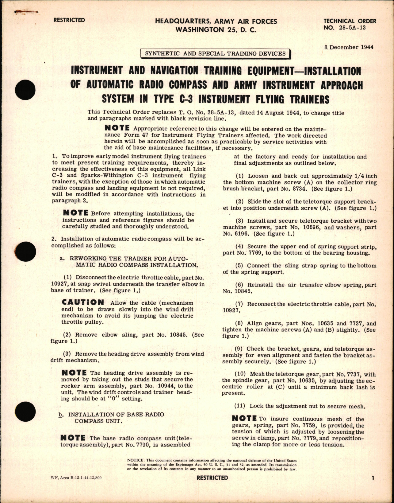 Sample page 1 from AirCorps Library document: Installation of Automatic Radio Compass & Army Instrument Approach System in Type C-3 Instrument Flying Trainers