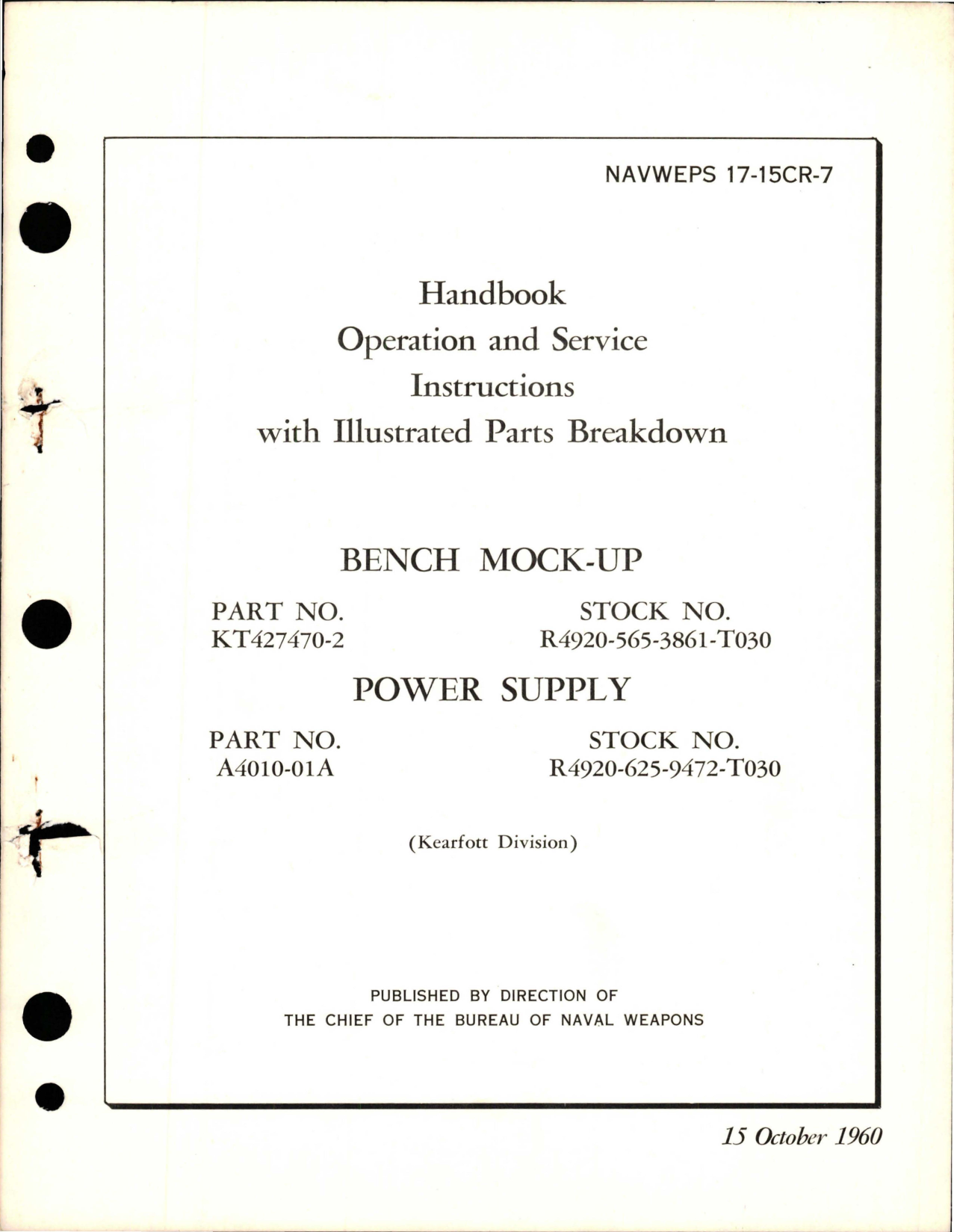 Sample page 1 from AirCorps Library document: Operation and Service Instructions with Illustrated Parts for Bench Mock Up - Part KT427470-2, and Power Supply - Part A4010-01A