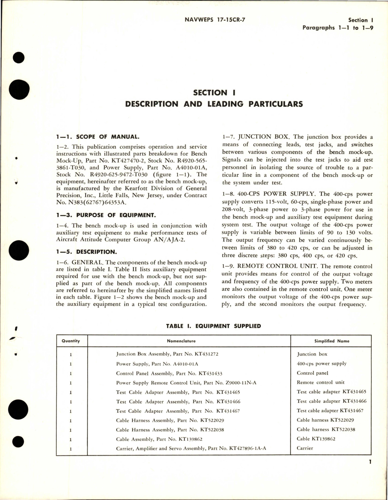 Sample page 9 from AirCorps Library document: Operation and Service Instructions with Illustrated Parts for Bench Mock Up - Part KT427470-2, and Power Supply - Part A4010-01A